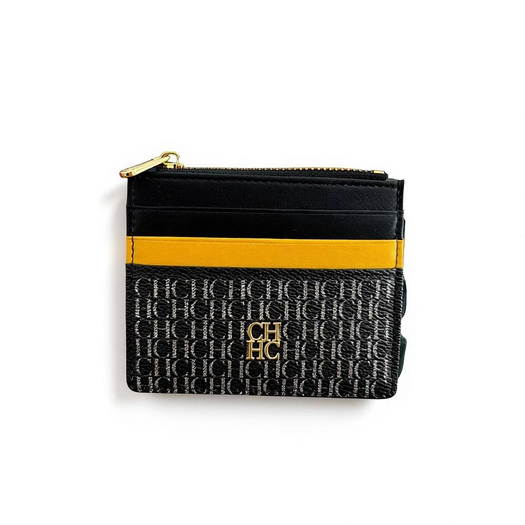 Carolina Herrera CH Logo Card Holder – Black & Mustard 🖤💛 | Slim Luxury Wallet