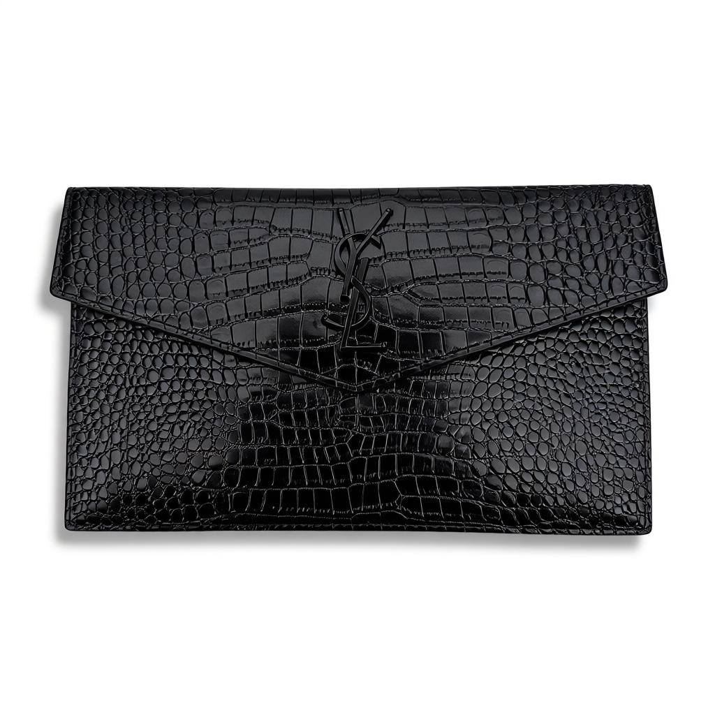 Saint Laurent YSL Croc Embossed Envelope Clutch – All Black 🐊🖤 | Luxury Monochrome Edition