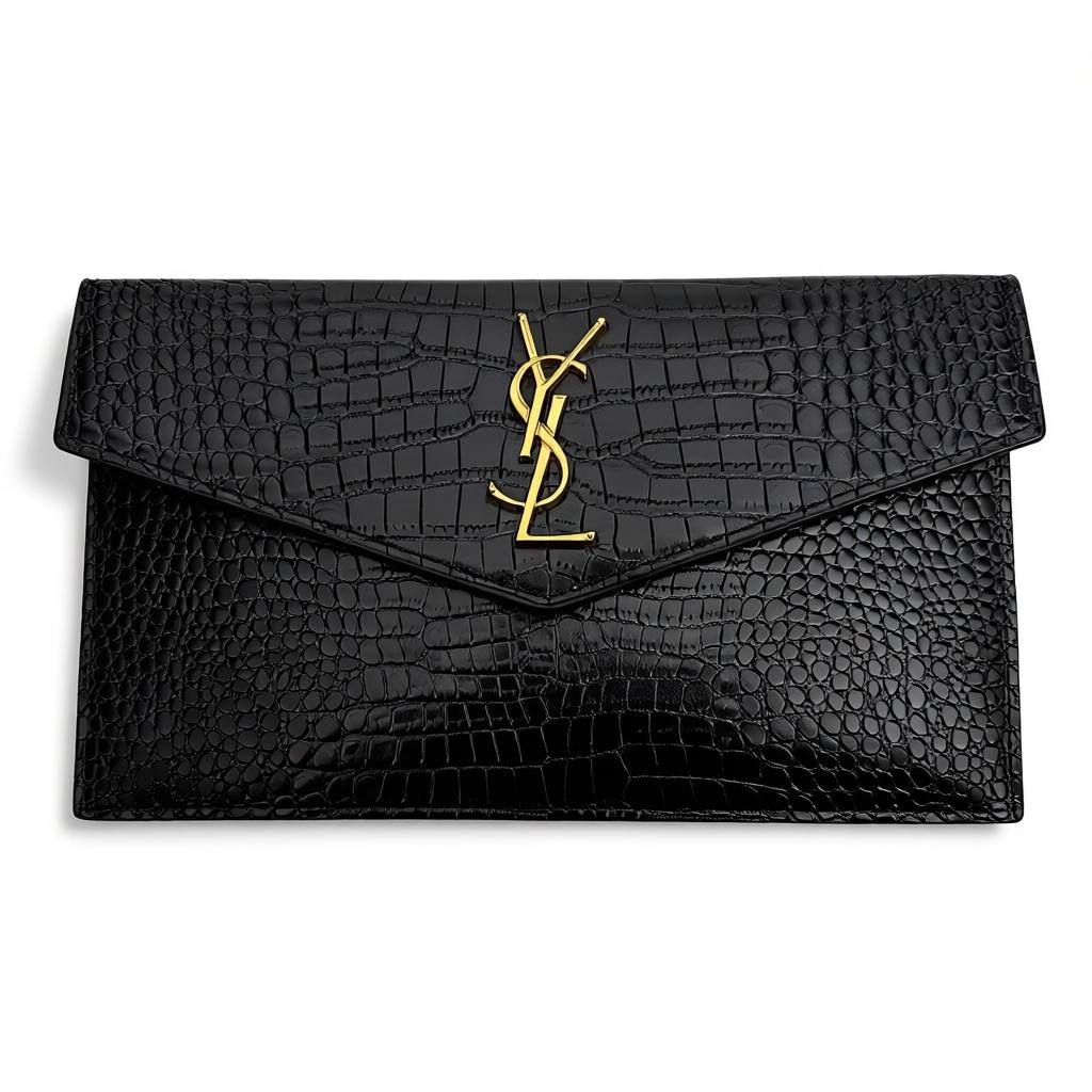 Saint Laurent YSL Croc Embossed Envelope Clutch – Black & Gold 🐊✨ | Luxury Evening Bag