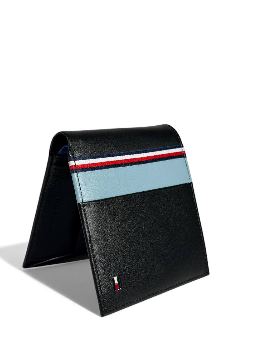 Tommy Hilfiger Black & Blue Stripe Bifold Wallet – Premium Leather 🇺🇸🖤💙