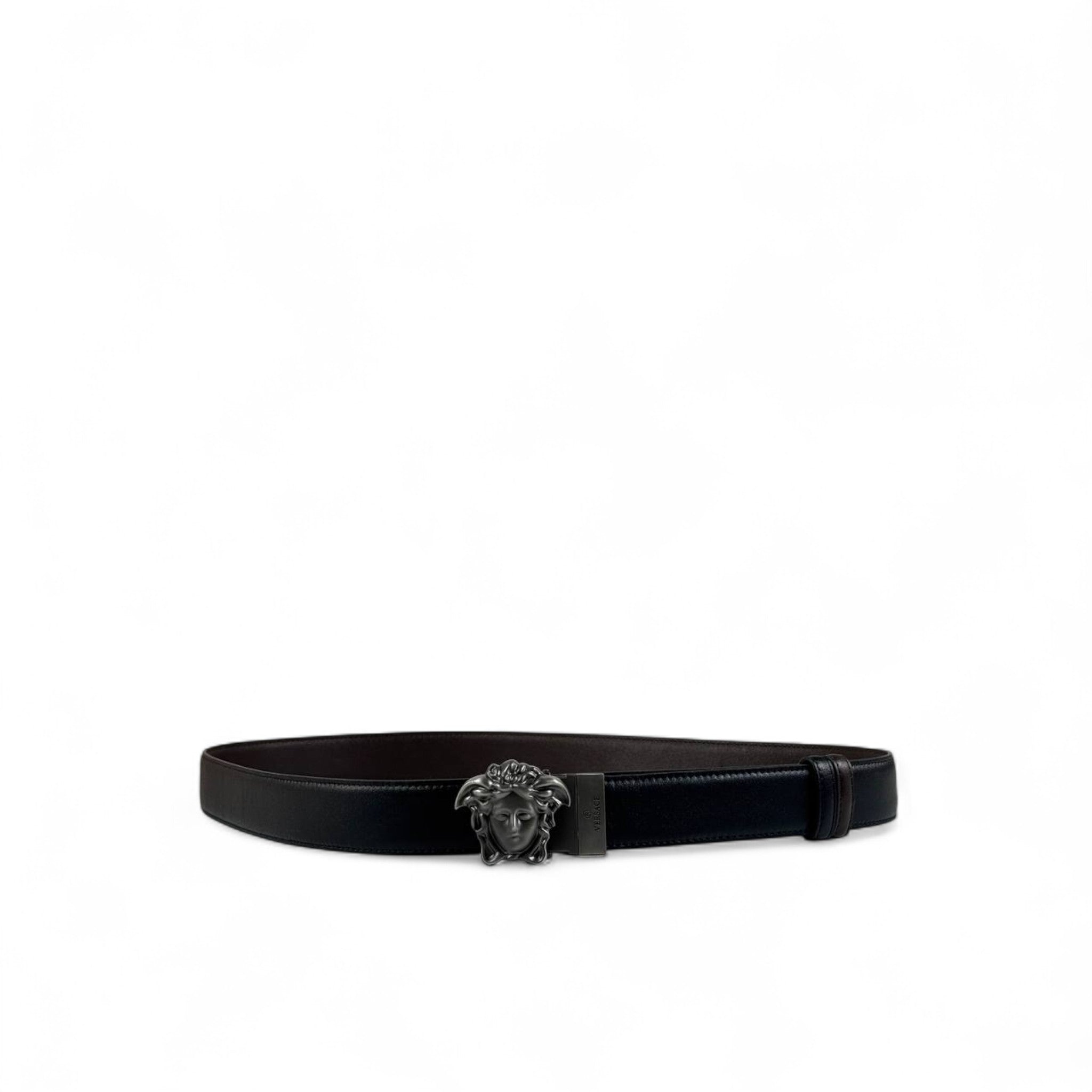 🖤 Versace Black Leather Belt – Gunmetal Medusa Buckle | 130 cm