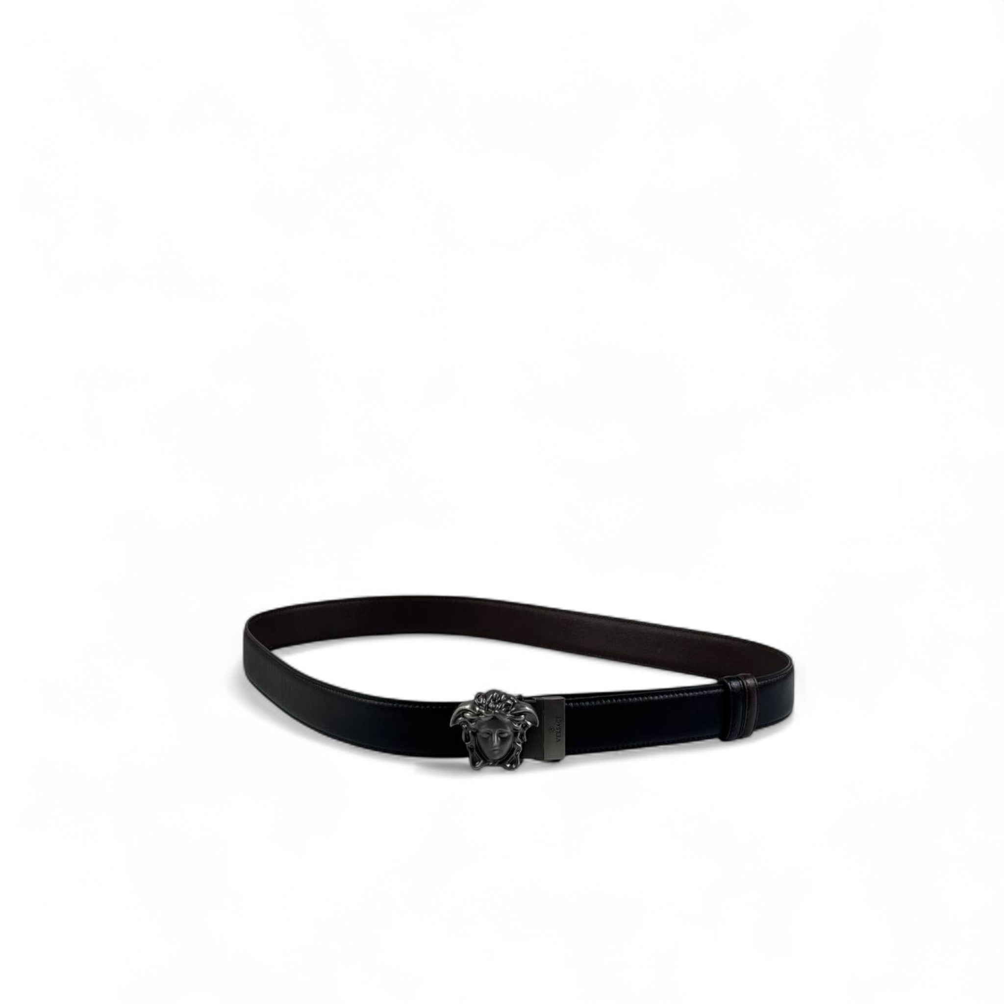 🖤 Versace Black Leather Belt – Gunmetal Medusa Buckle | 130 cm