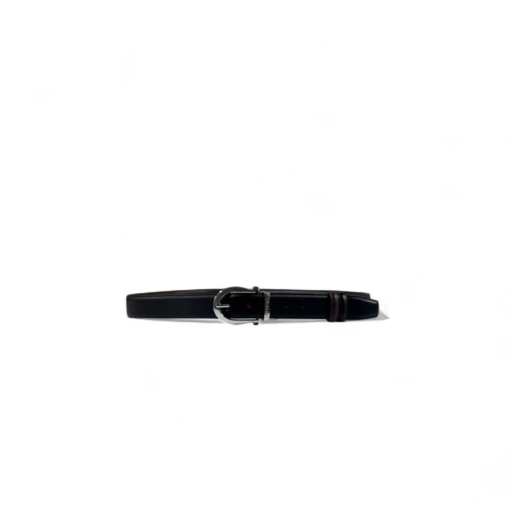 Ferragamo Black Leather Belt with Silver Rounded Buckle | 115 cm