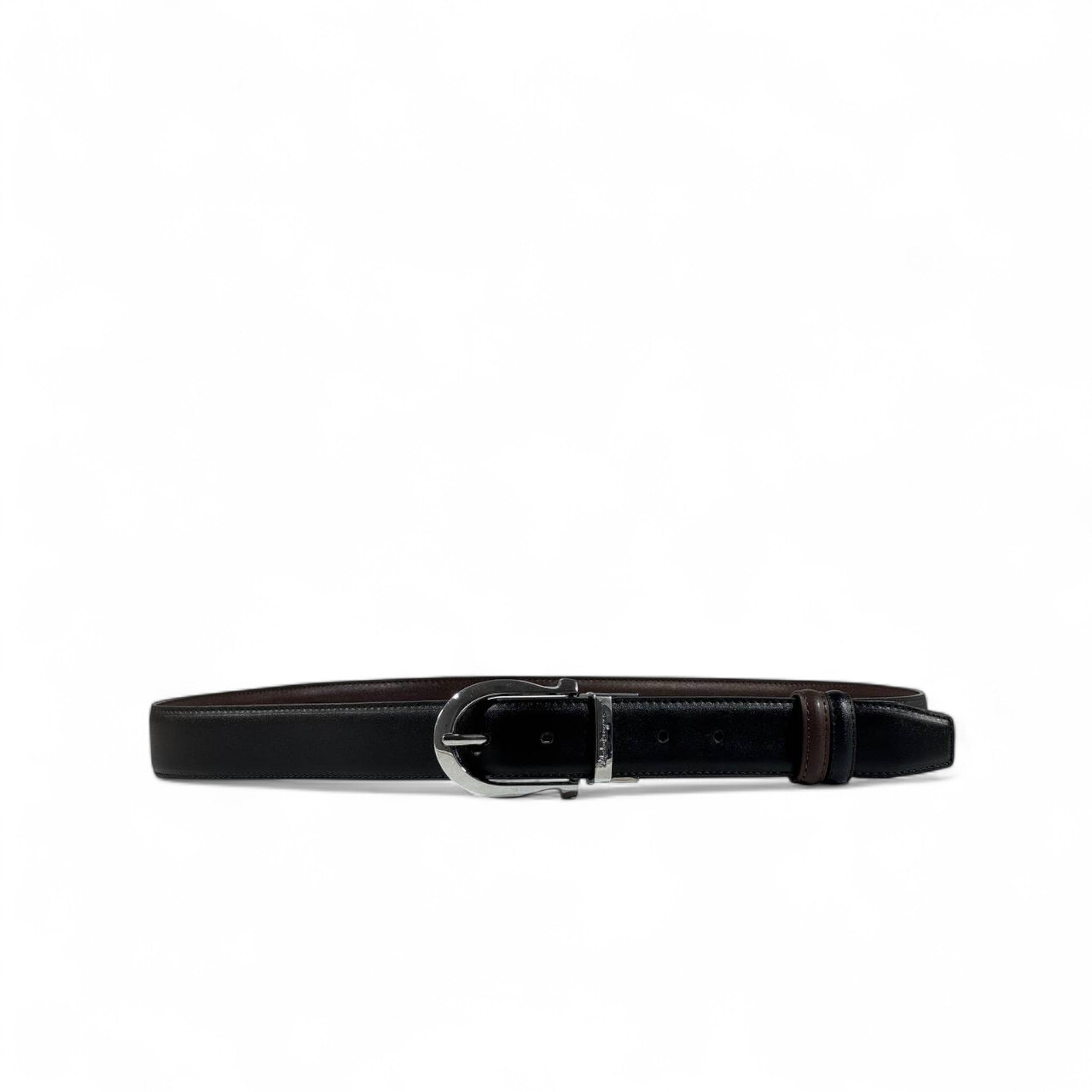 Ferragamo Black Leather Belt with Silver Rounded Buckle | 115 cm