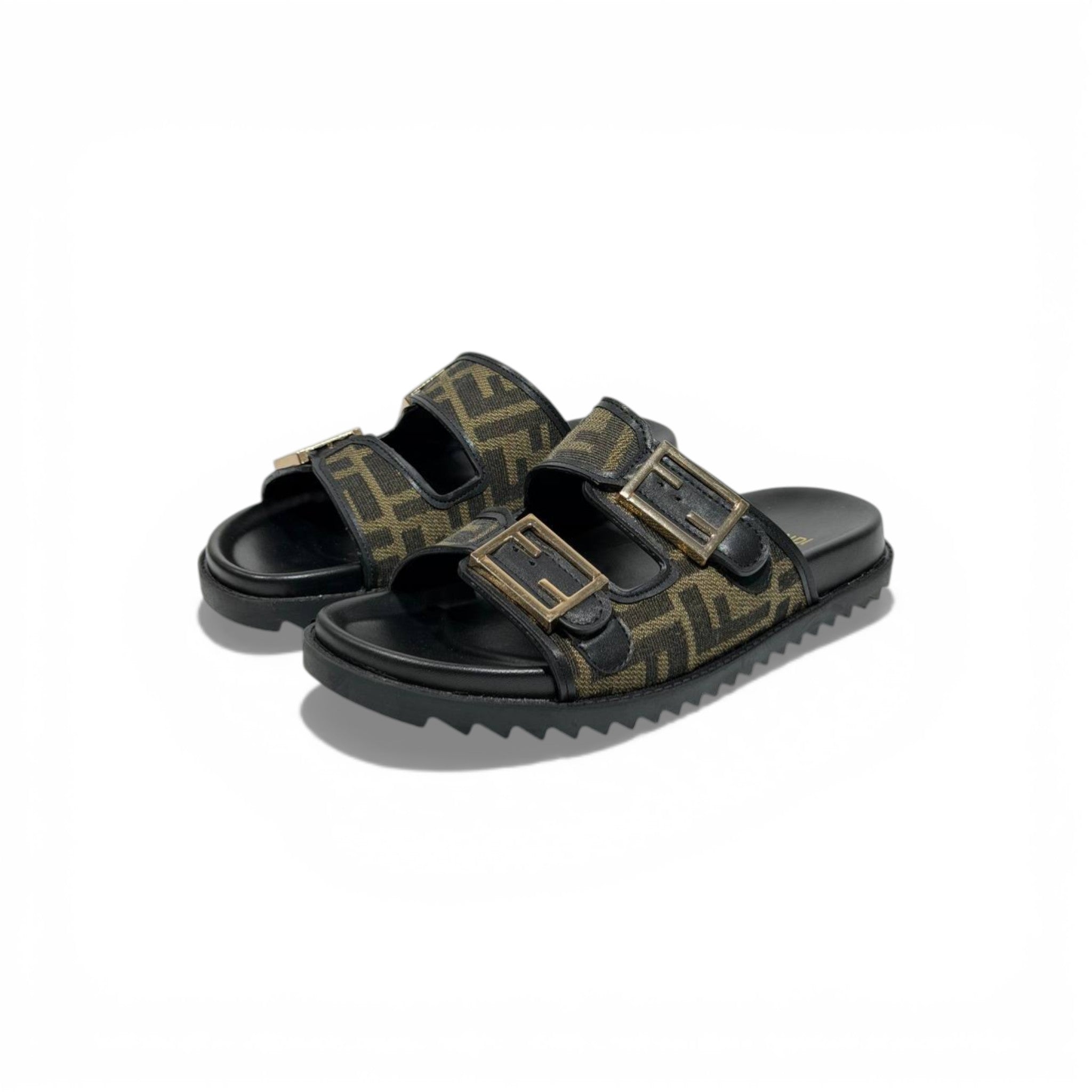 Fendi Monogram Double-Buckle Slides – Luxury Designer Sandals 🖤✨ | Premium Casual Summer Slippers