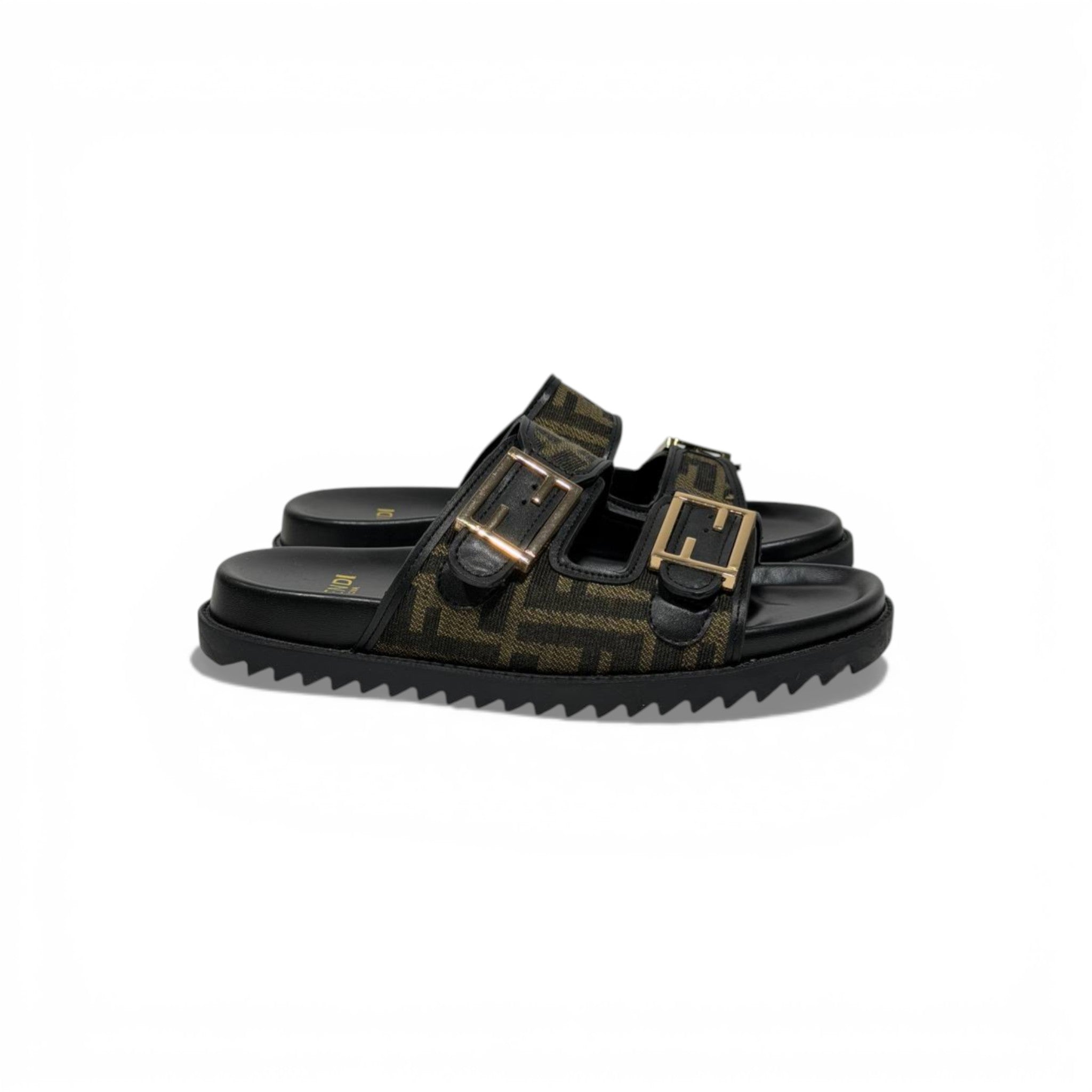 Fendi Monogram Double-Buckle Slides – Luxury Designer Sandals 🖤✨ | Premium Casual Summer Slippers