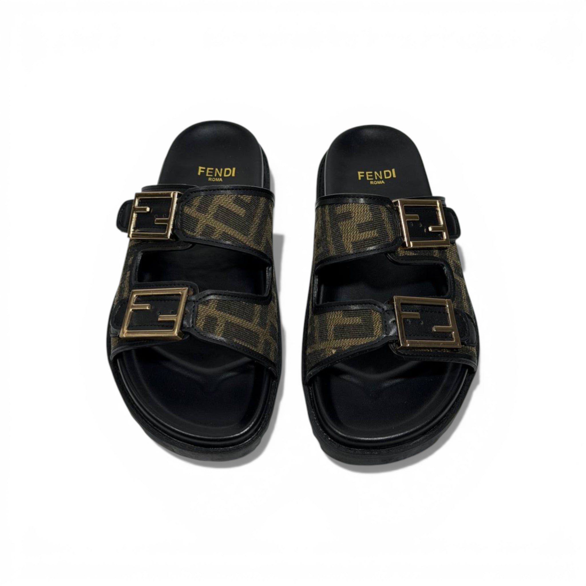 Fendi Monogram Double-Buckle Slides – Luxury Designer Sandals 🖤✨ | Premium Casual Summer Slippers