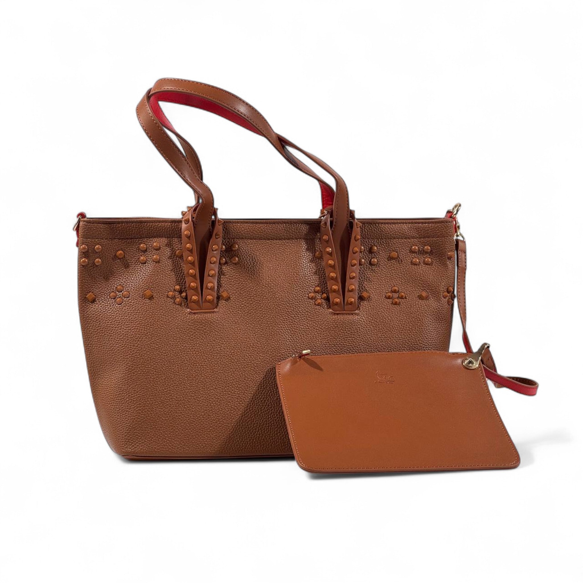 👜✨ Christian Louboutin Brown Leather Tote with Stud Details & Red Sole Accent 👠❤️