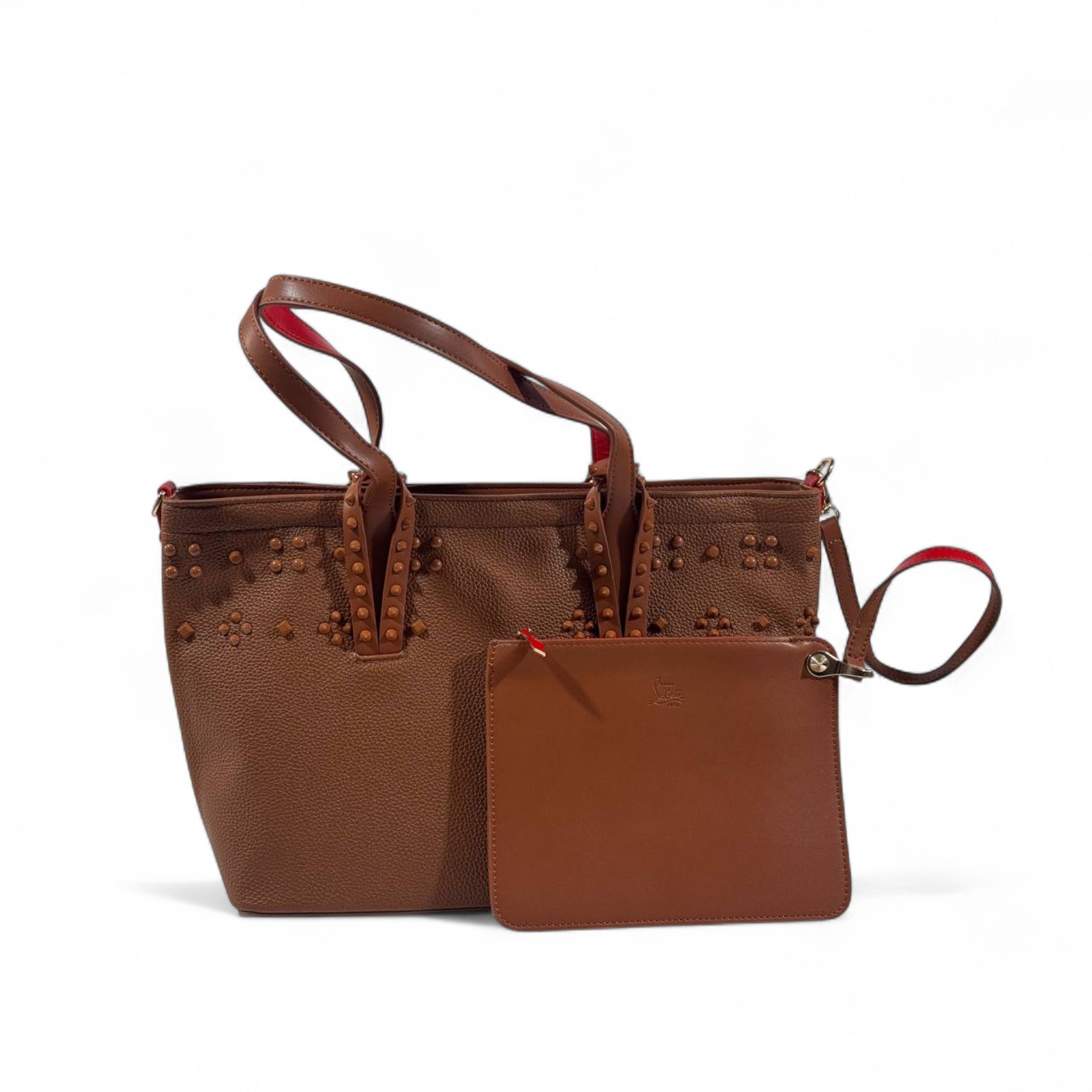 👜✨ Christian Louboutin Brown Leather Tote with Stud Details & Red Sole Accent 👠❤️