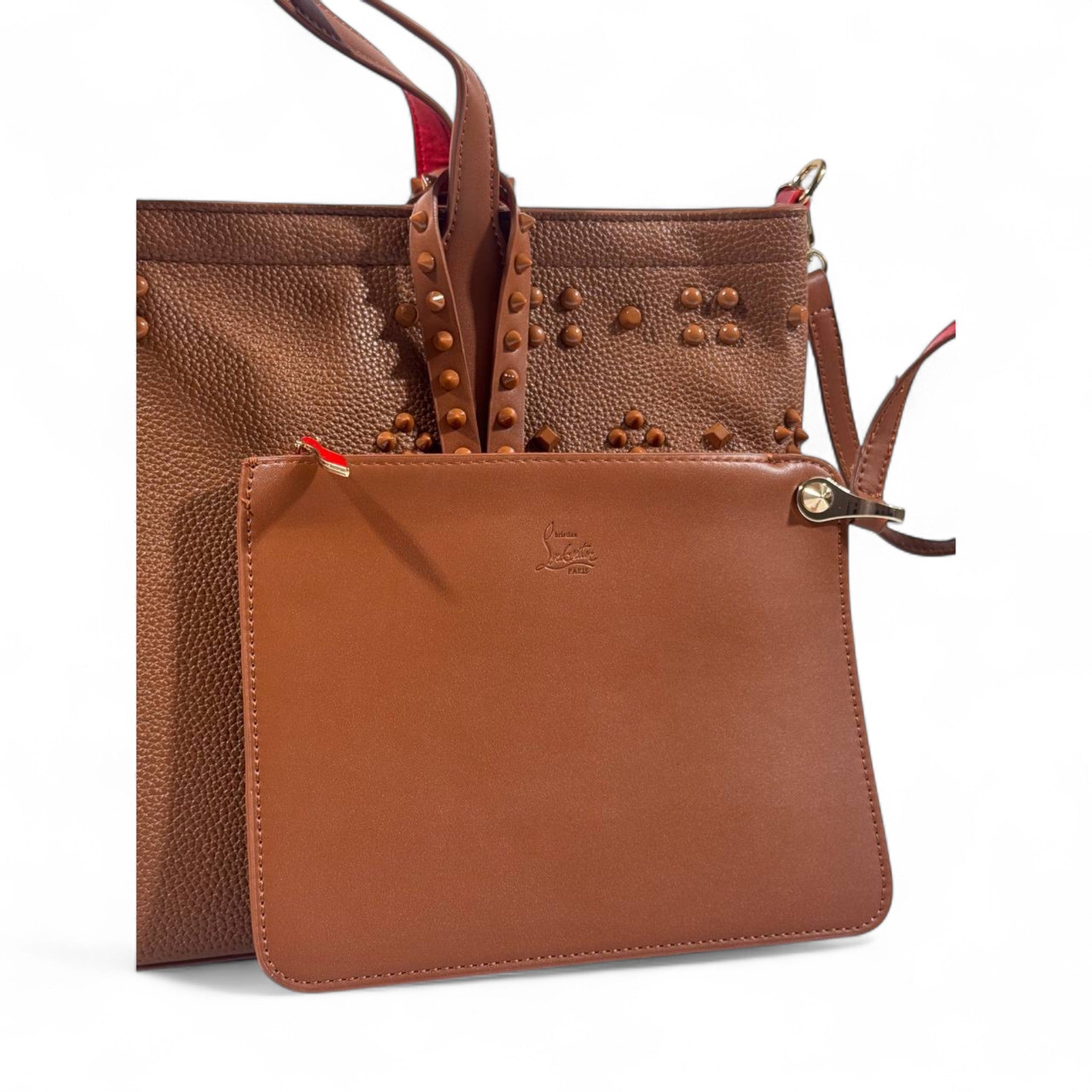 👜✨ Christian Louboutin Brown Leather Tote with Stud Details & Red Sole Accent 👠❤️