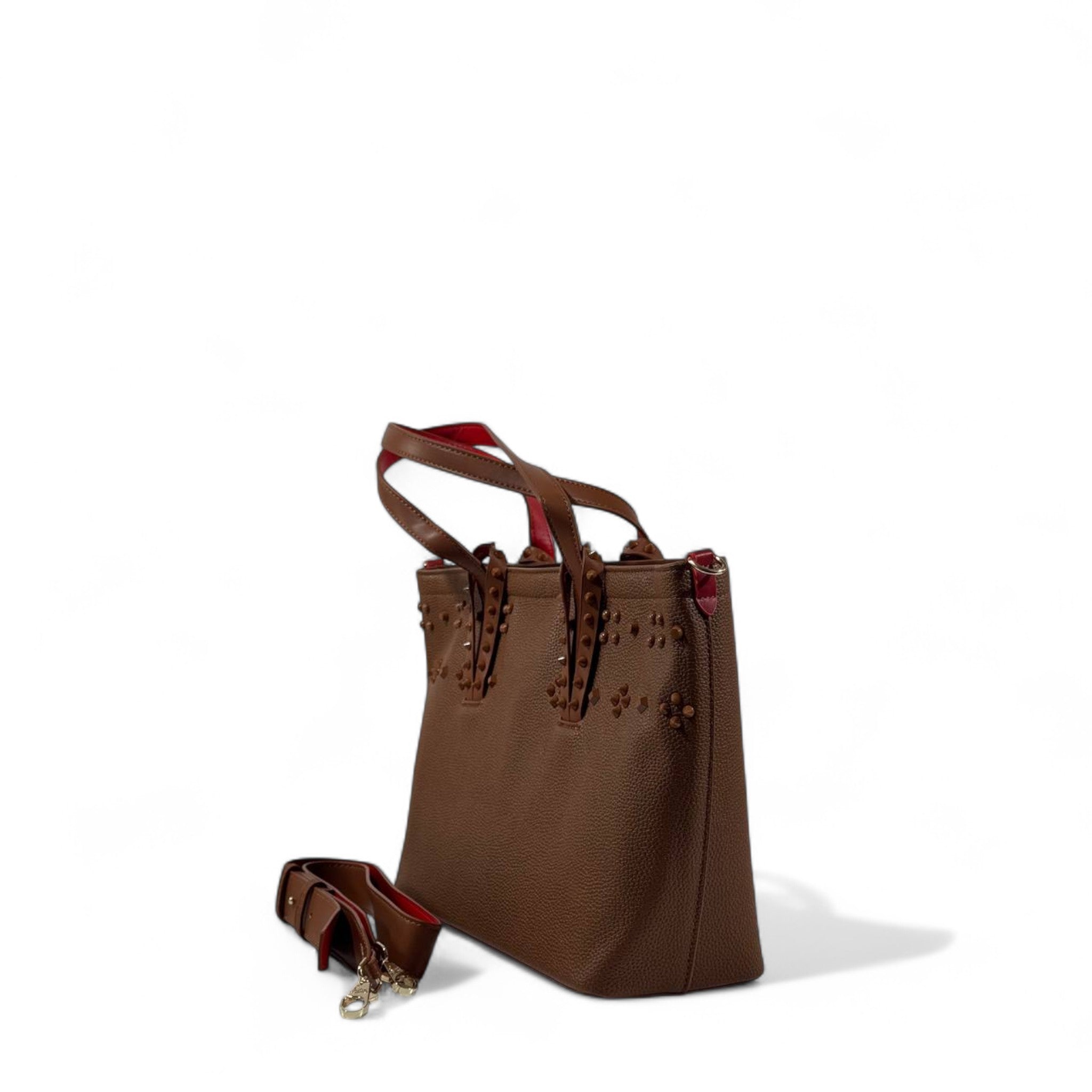 👜✨ Christian Louboutin Brown Leather Tote with Stud Details & Red Sole Accent 👠❤️