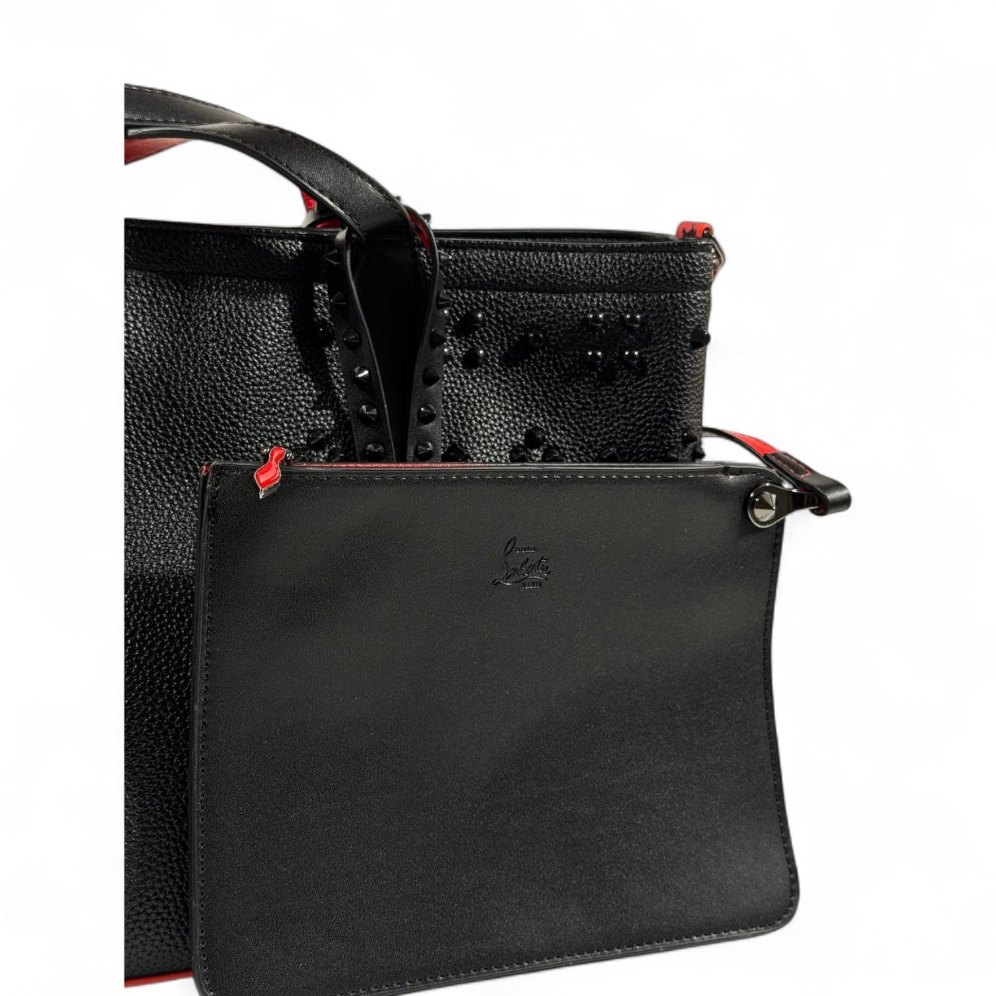 👜✨ Christian Louboutin Black Studded Tote with Iconic Red Sole Base & Matching Pouch 👑❤️