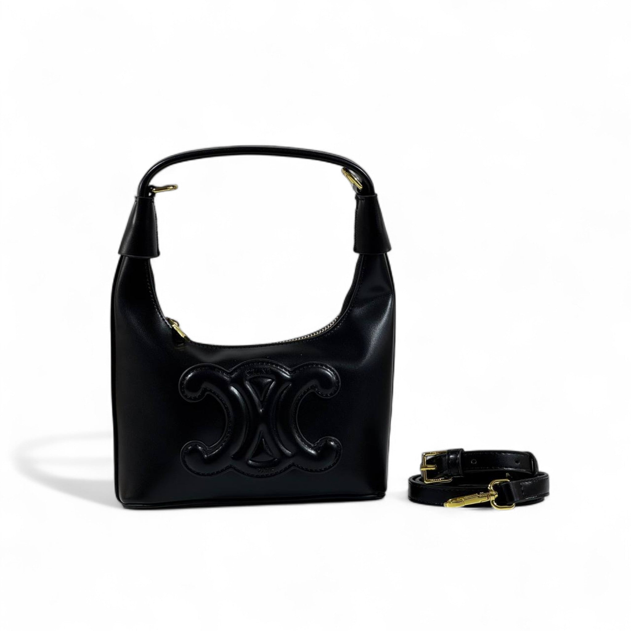 🖤✨ Celine Ava Triomphe Black Leather Shoulder Bag with Embossed Logo 👑💎