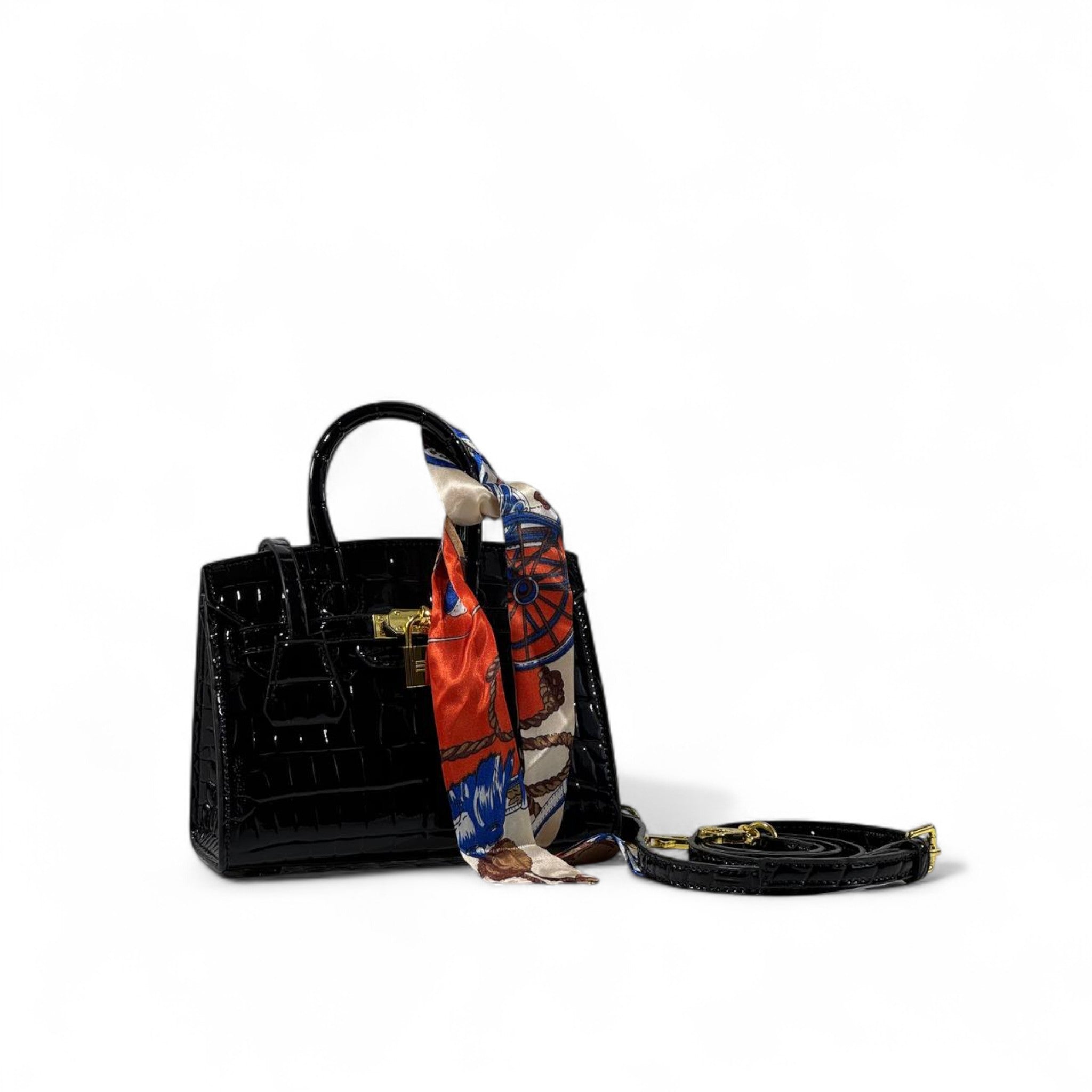 🖤👑 Hermès Style Black Croc-Embossed Handbag with Gold Lock & Scarf Detail ✨💼
