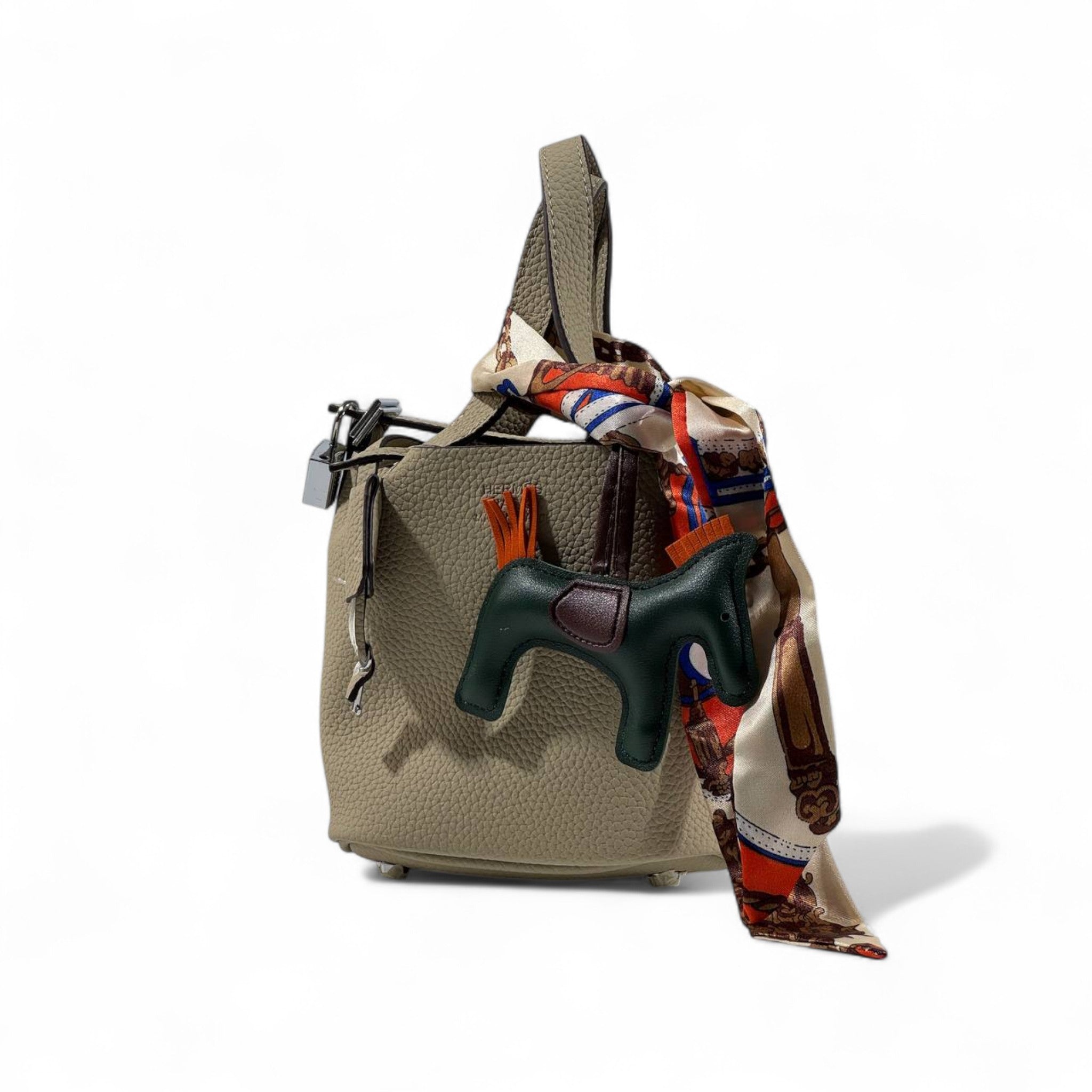 Hermès Picotin-Inspired Taupe Grey Tote with Twilly & Rodeo Charm – Luxury Edition