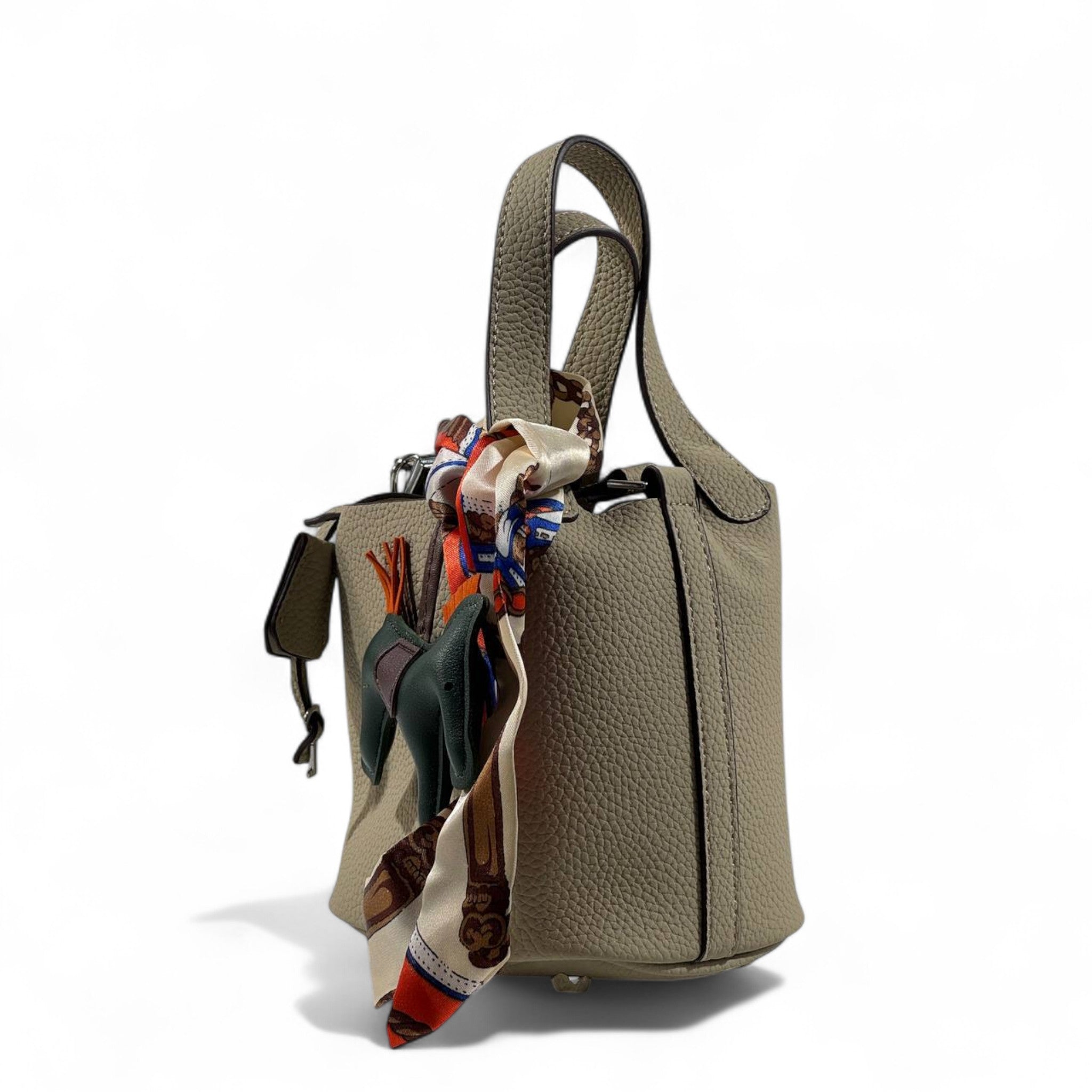 Hermès Picotin-Inspired Taupe Grey Tote with Twilly & Rodeo Charm – Luxury Edition