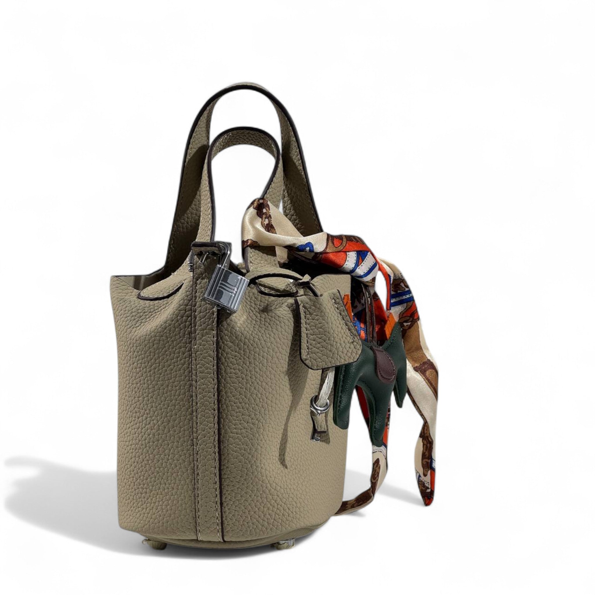 Hermès Picotin-Inspired Taupe Grey Tote with Twilly & Rodeo Charm – Luxury Edition