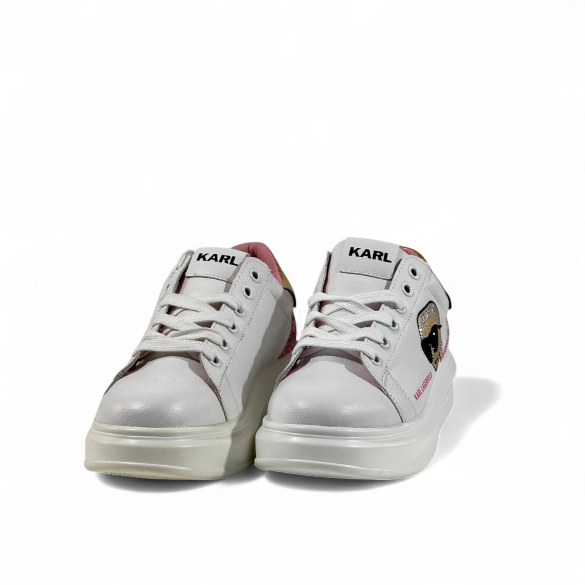 ✨ Karl Lagerfeld White Sneakers – Iconic Cartoon Patch & Glitter Accent ✨
