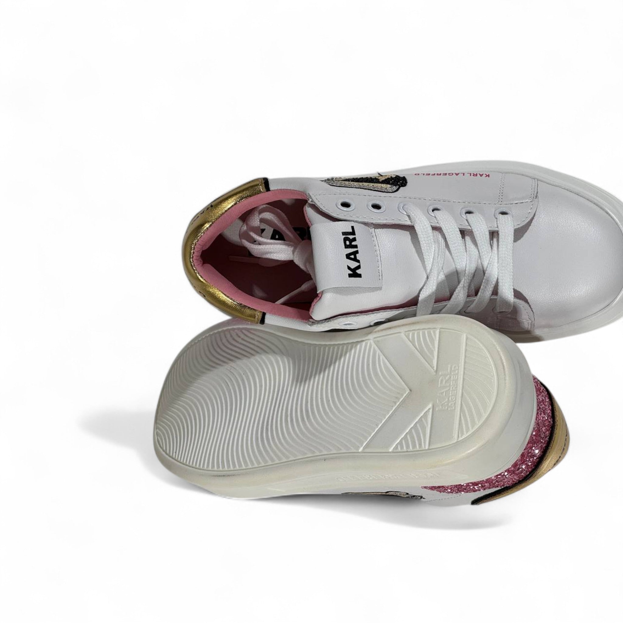 ✨ Karl Lagerfeld White Sneakers – Iconic Cartoon Patch & Glitter Accent ✨