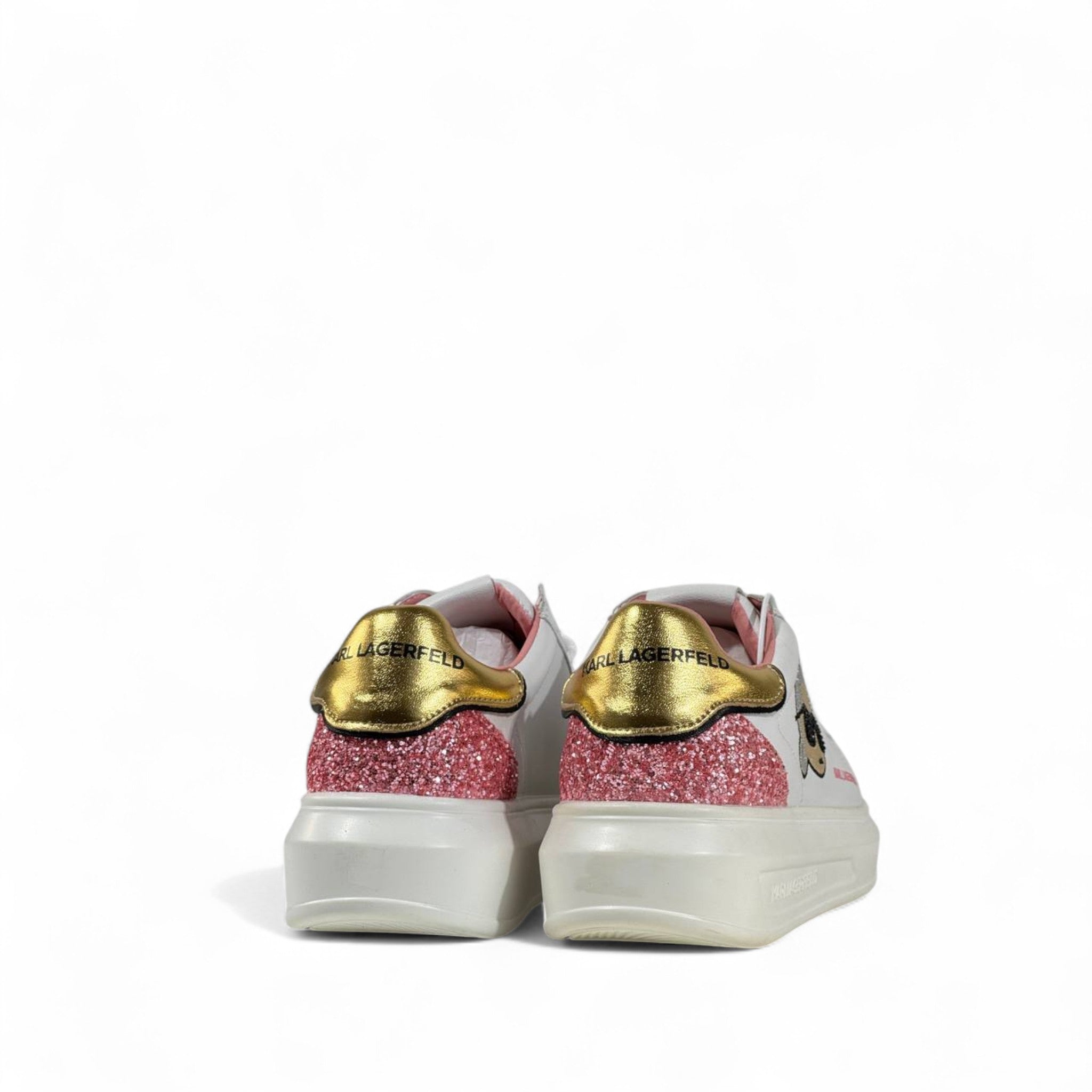✨ Karl Lagerfeld White Sneakers – Iconic Cartoon Patch & Glitter Accent ✨
