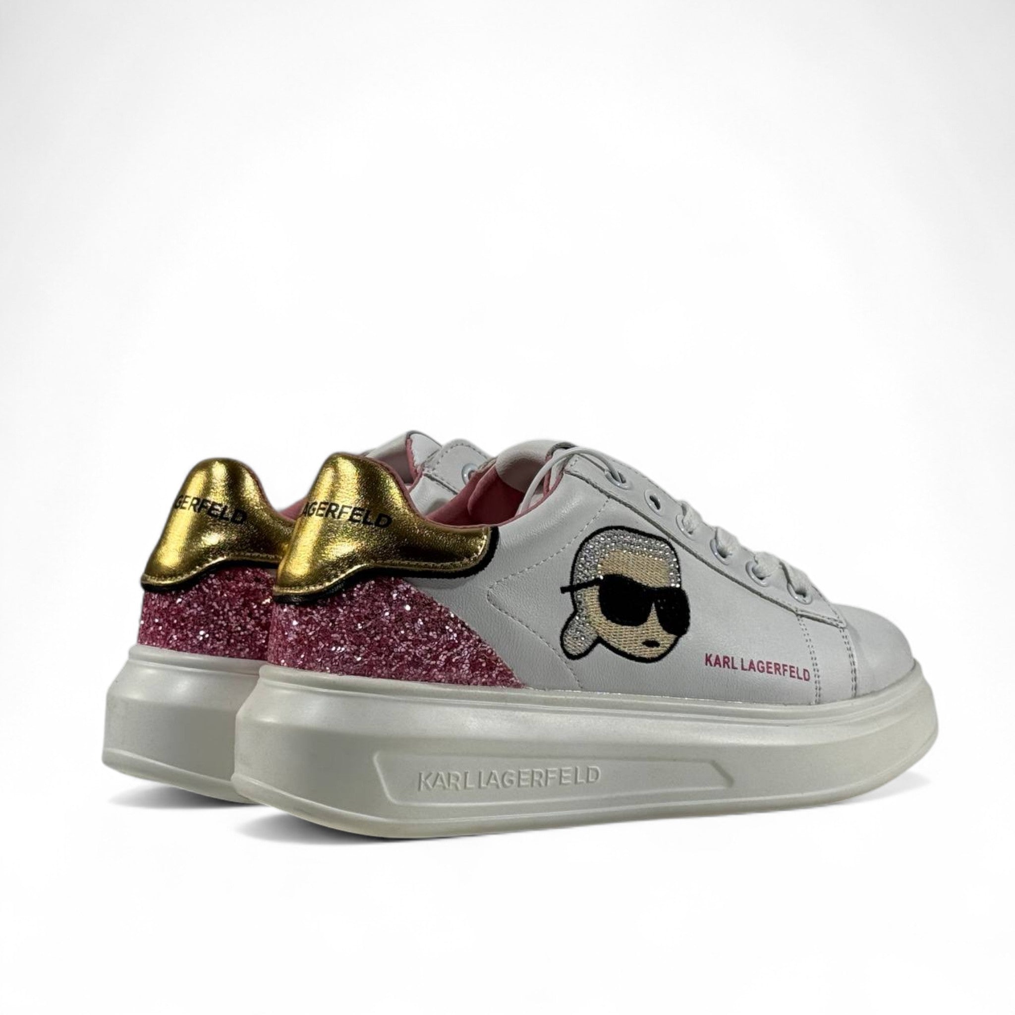 ✨ Karl Lagerfeld White Sneakers – Iconic Cartoon Patch & Glitter Accent ✨