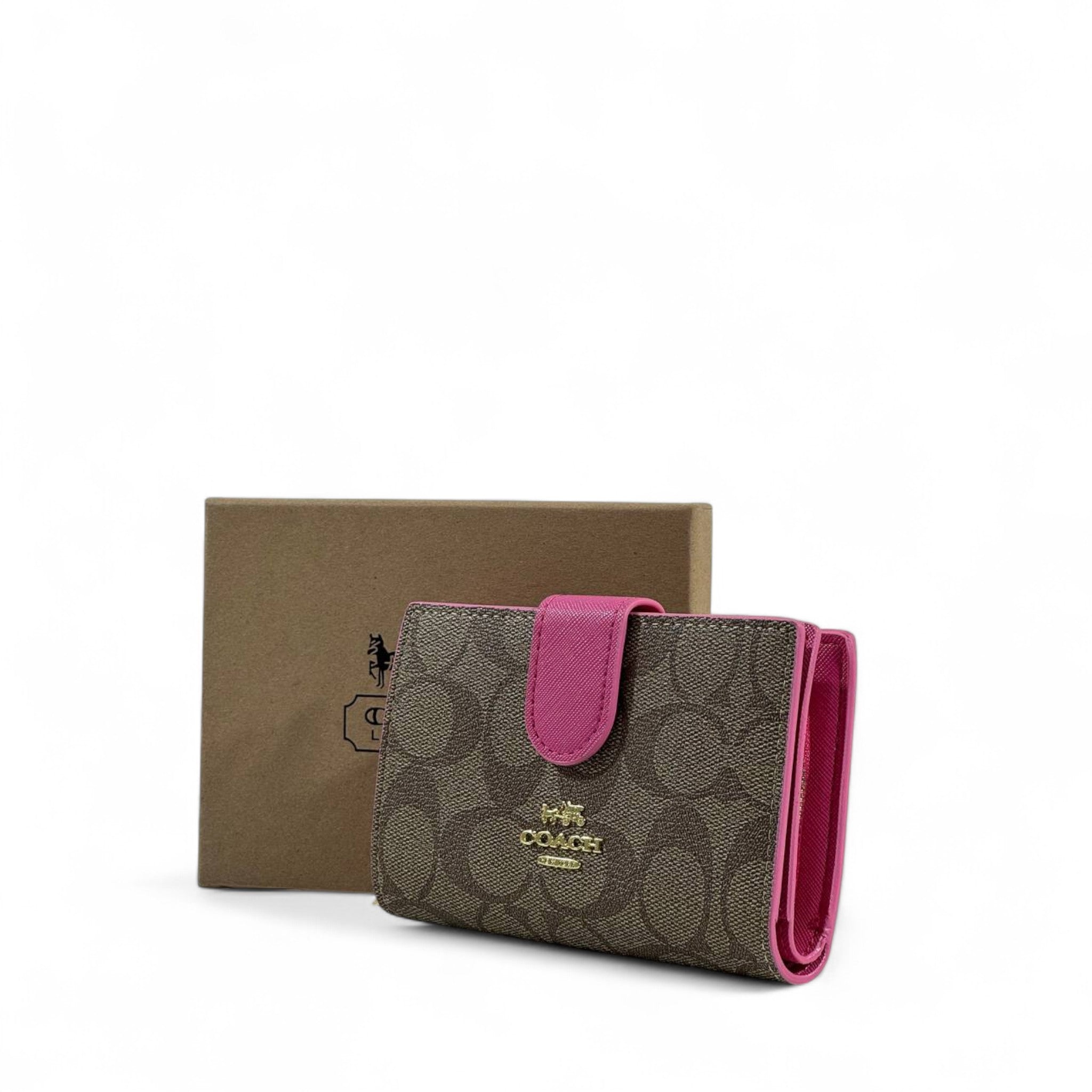 Coach Signature Canvas Wallet 🌟 | Brown with Fuchsia Trim