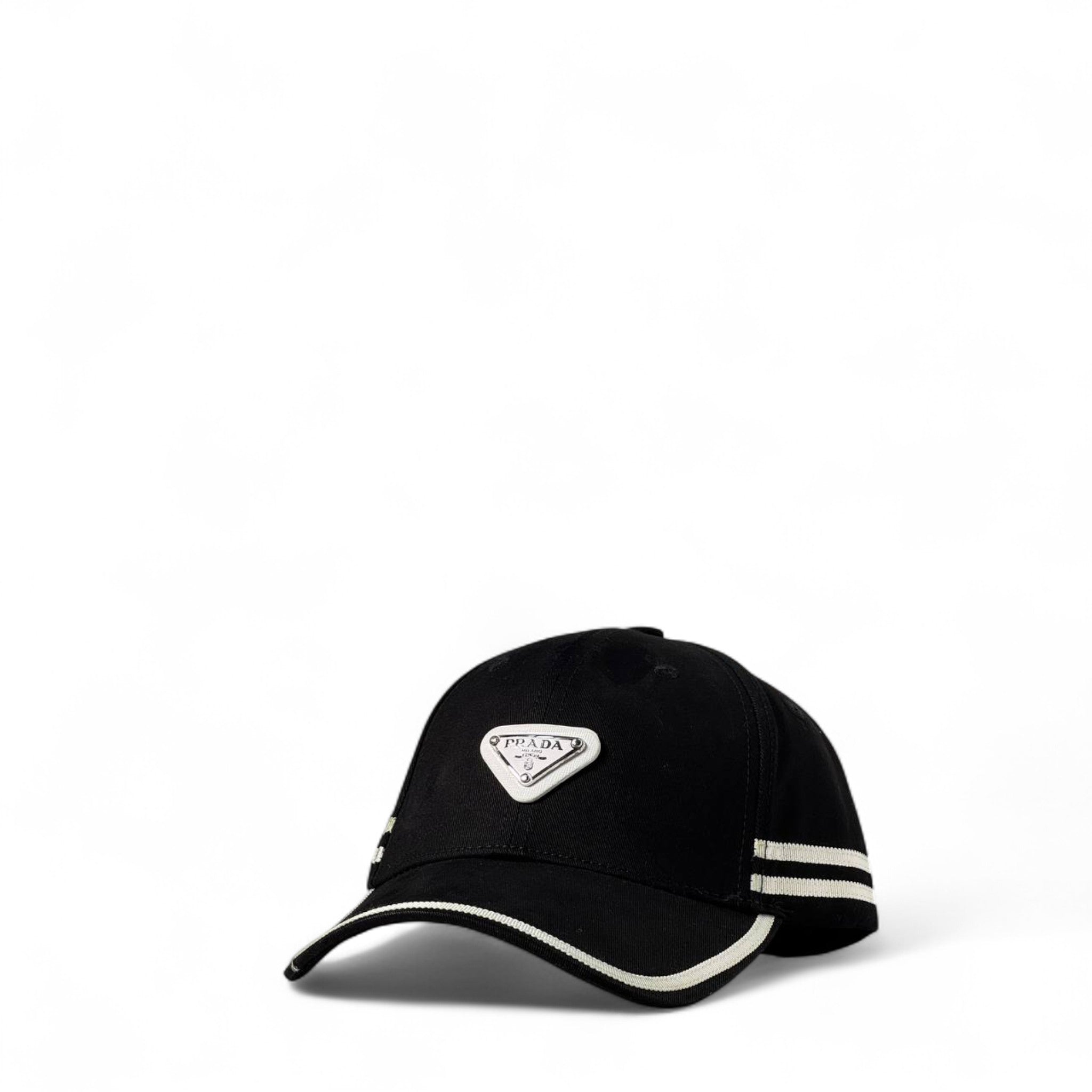 Prada Black Cap with Silver Logo & White Stripe Detailing 🖤✨