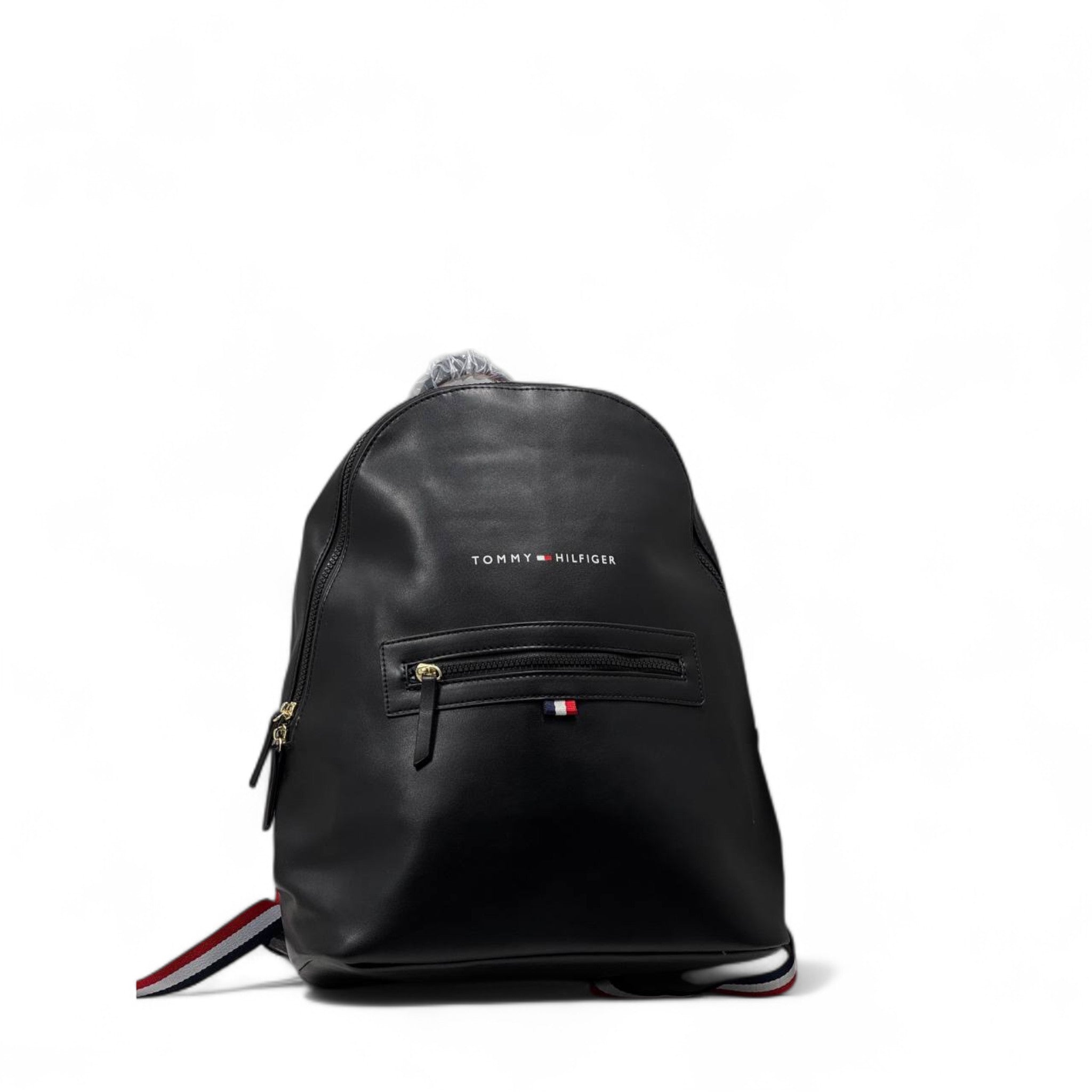 Tommy Hilfiger Faux Leather Backpack ๐ โ Sleek Black with Gold Zips & Logo Detail