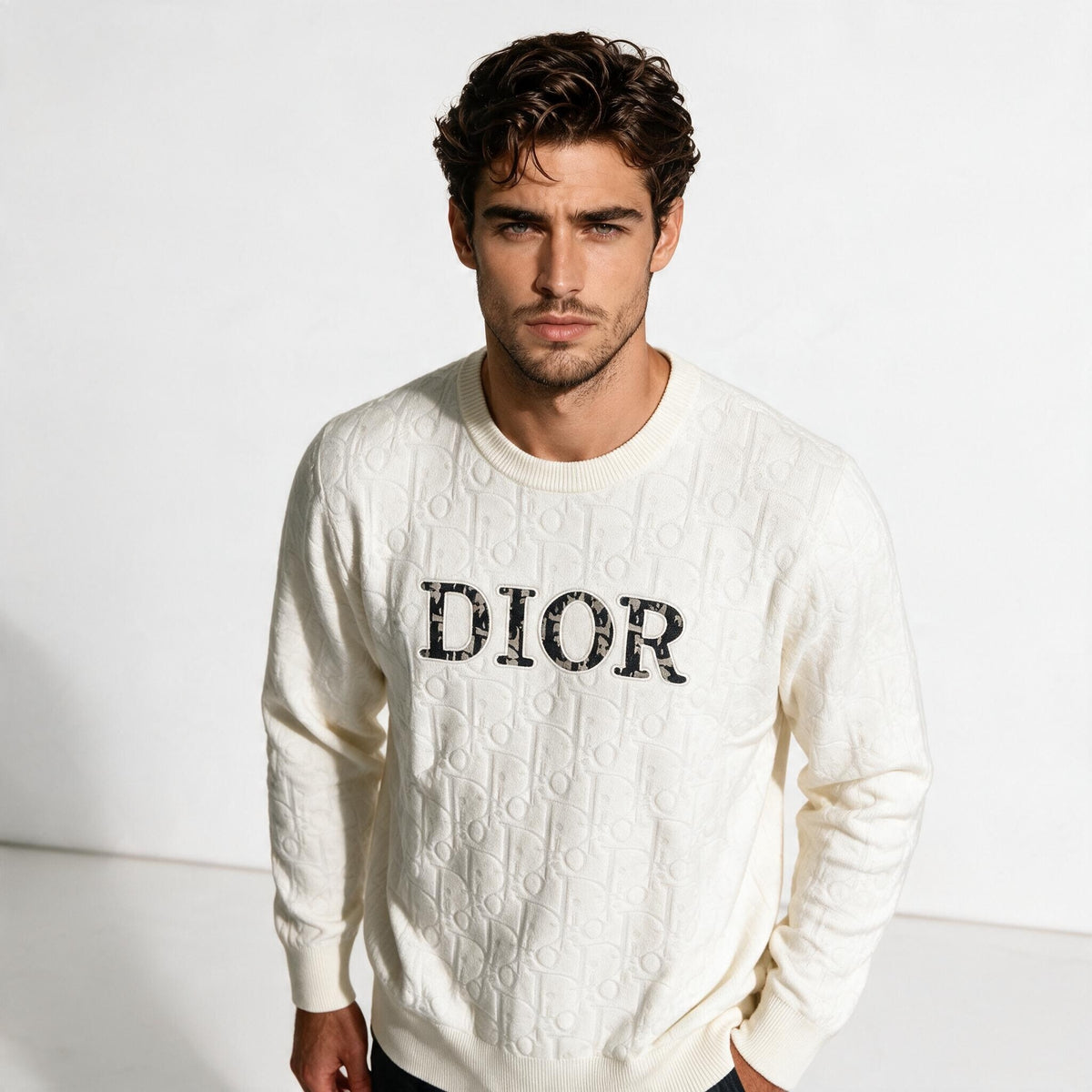 Cream Dior crewneck sweater with embossed monogram and large DIOR logo