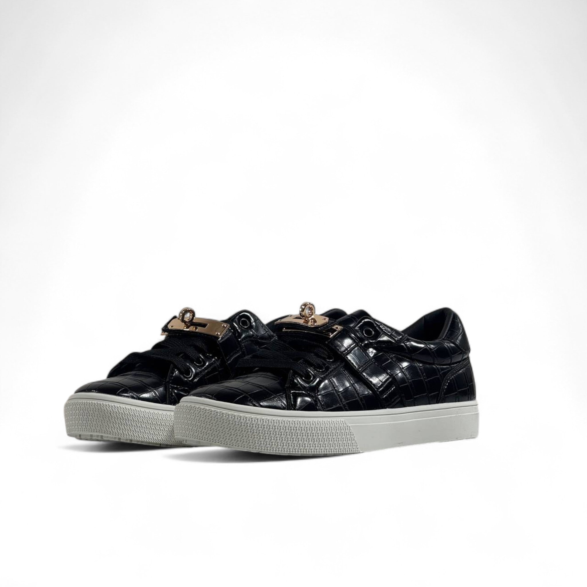Hermès Black Croc-Embossed Luxury Sneakers with Gold Hardware ✨👟