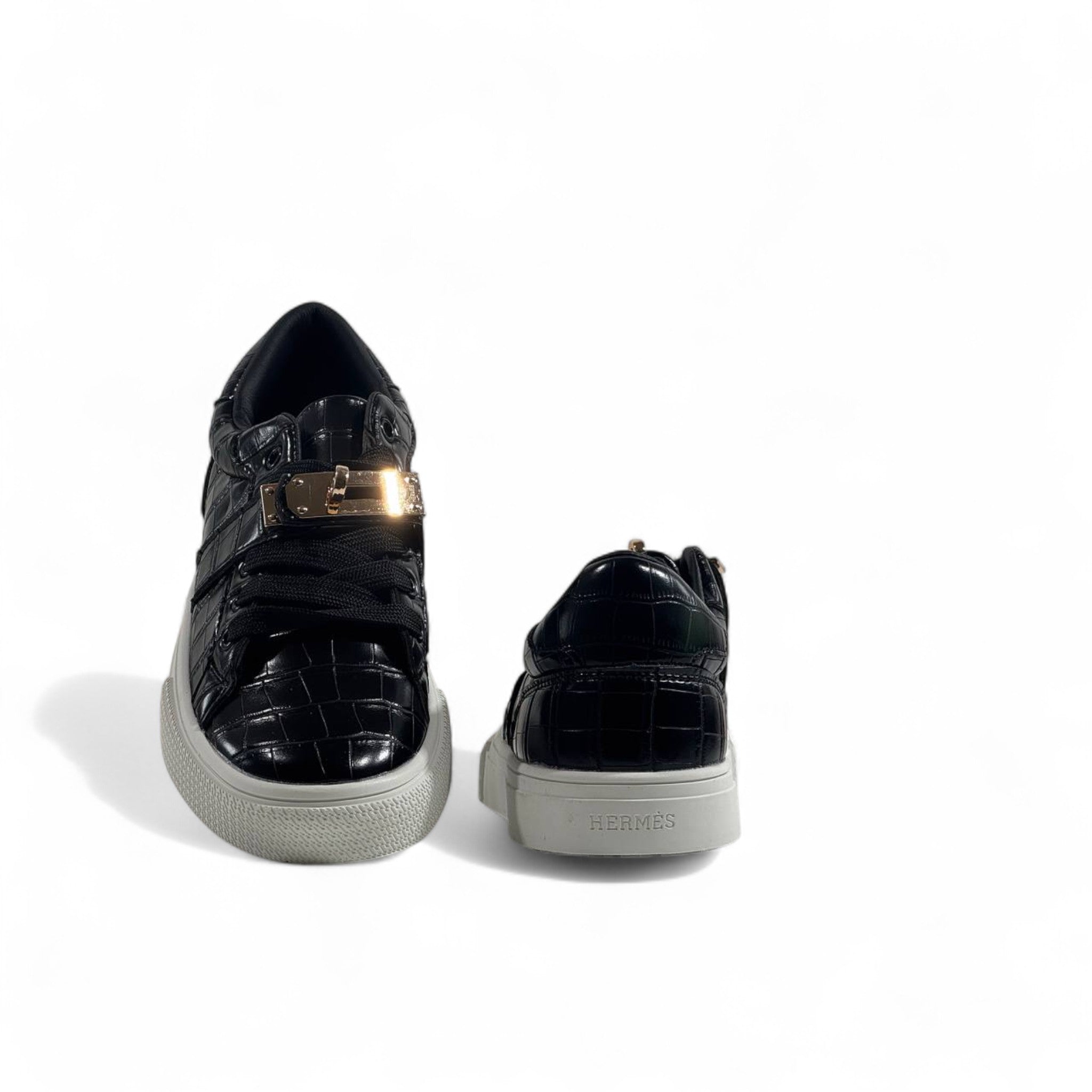 Hermès Black Croc-Embossed Luxury Sneakers with Gold Hardware ✨👟