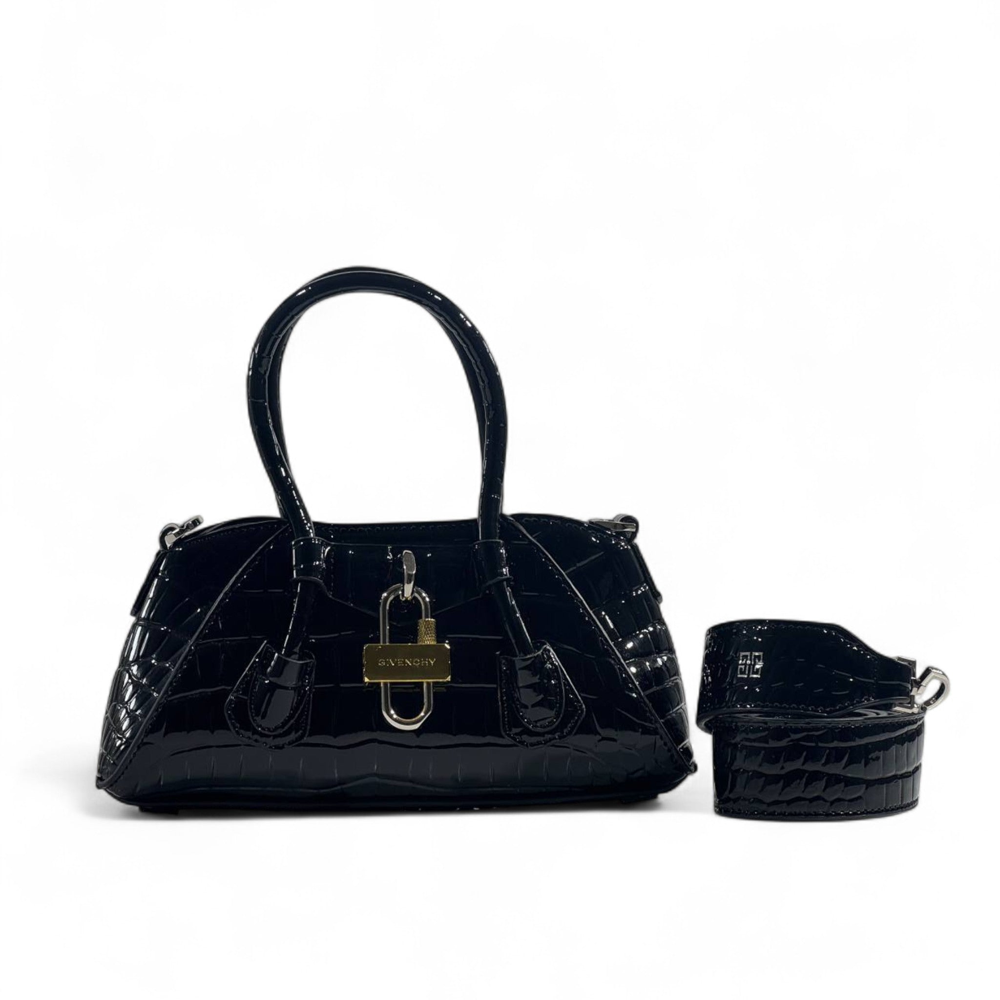 🖤🐊 Givenchy Croc-Embossed Black Patent Handbag – Fierce, Sleek & Couture ✨