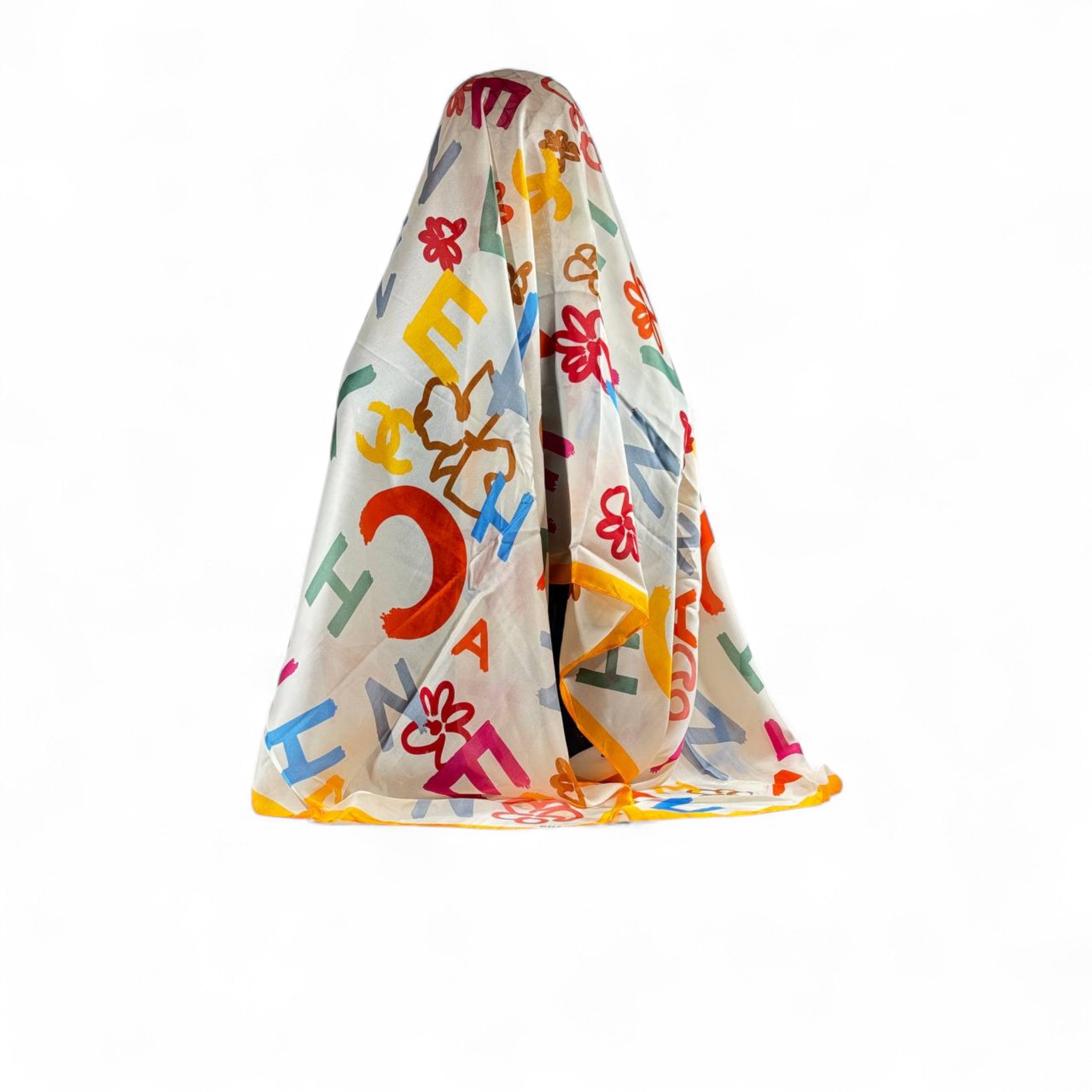 🌸 Chanel Multicolor Silk Scarf – White Canvas with Yellow Trim ✨