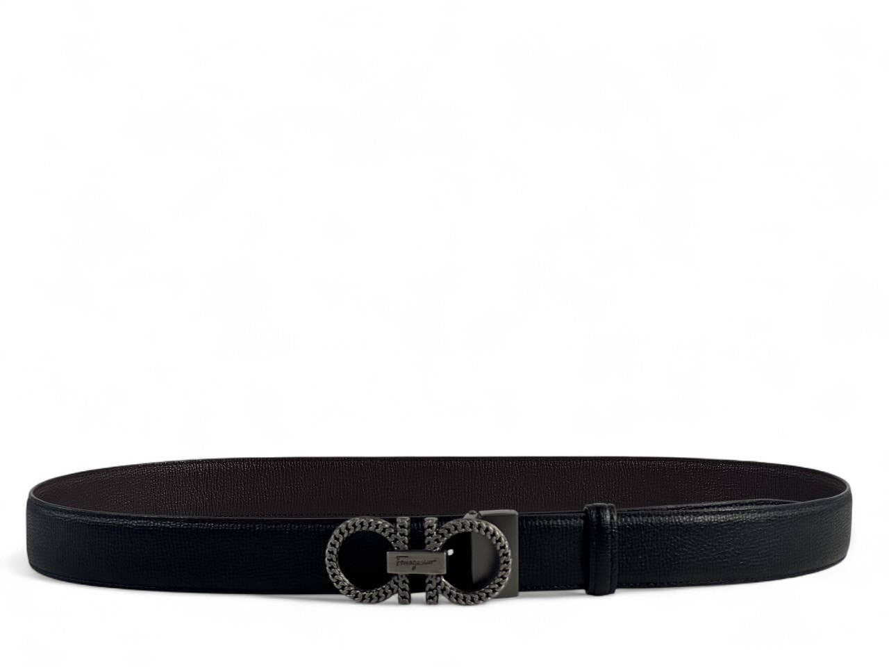 Salvatore Ferragamo Black Leather Belt with Gancini Chain Buckle – 120CM 🖤✨