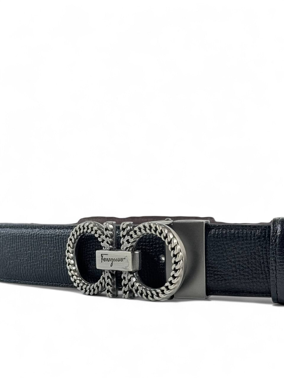 Salvatore Ferragamo Black Leather Belt with Gancini Chain Buckle – 120CM 🖤✨