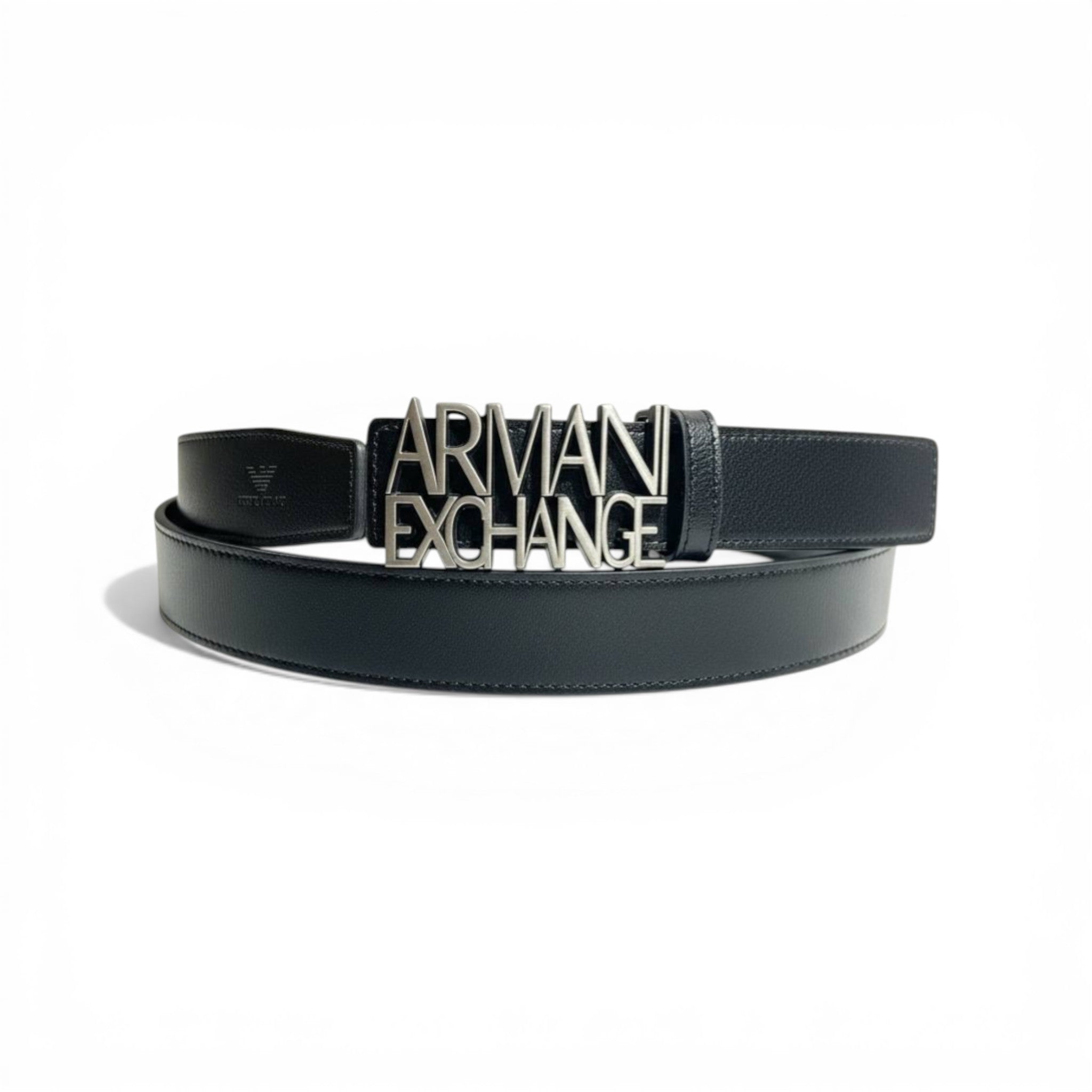 🖤✨ Armani Exchange Logo Leather Belt – Silver Statement Buckle | 110CM