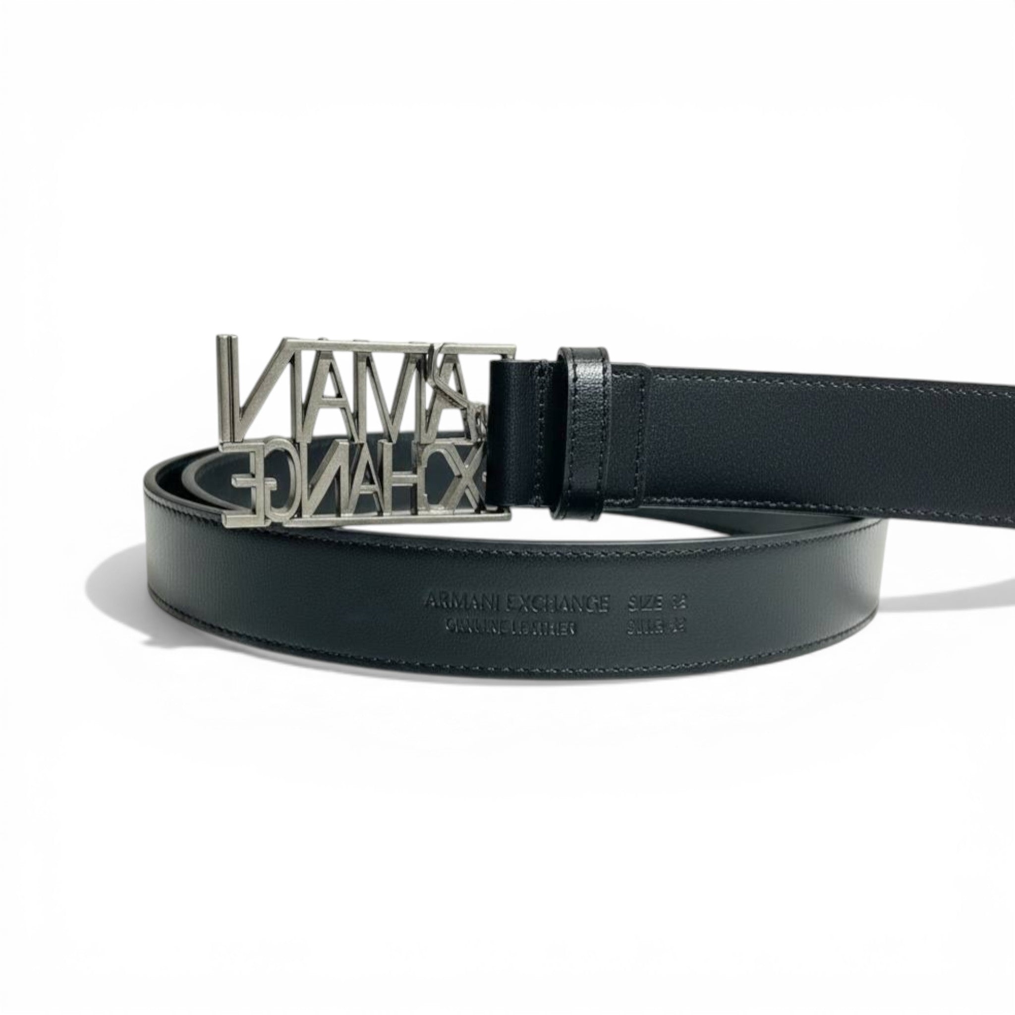 🖤✨ Armani Exchange Logo Leather Belt – Silver Statement Buckle | 110CM