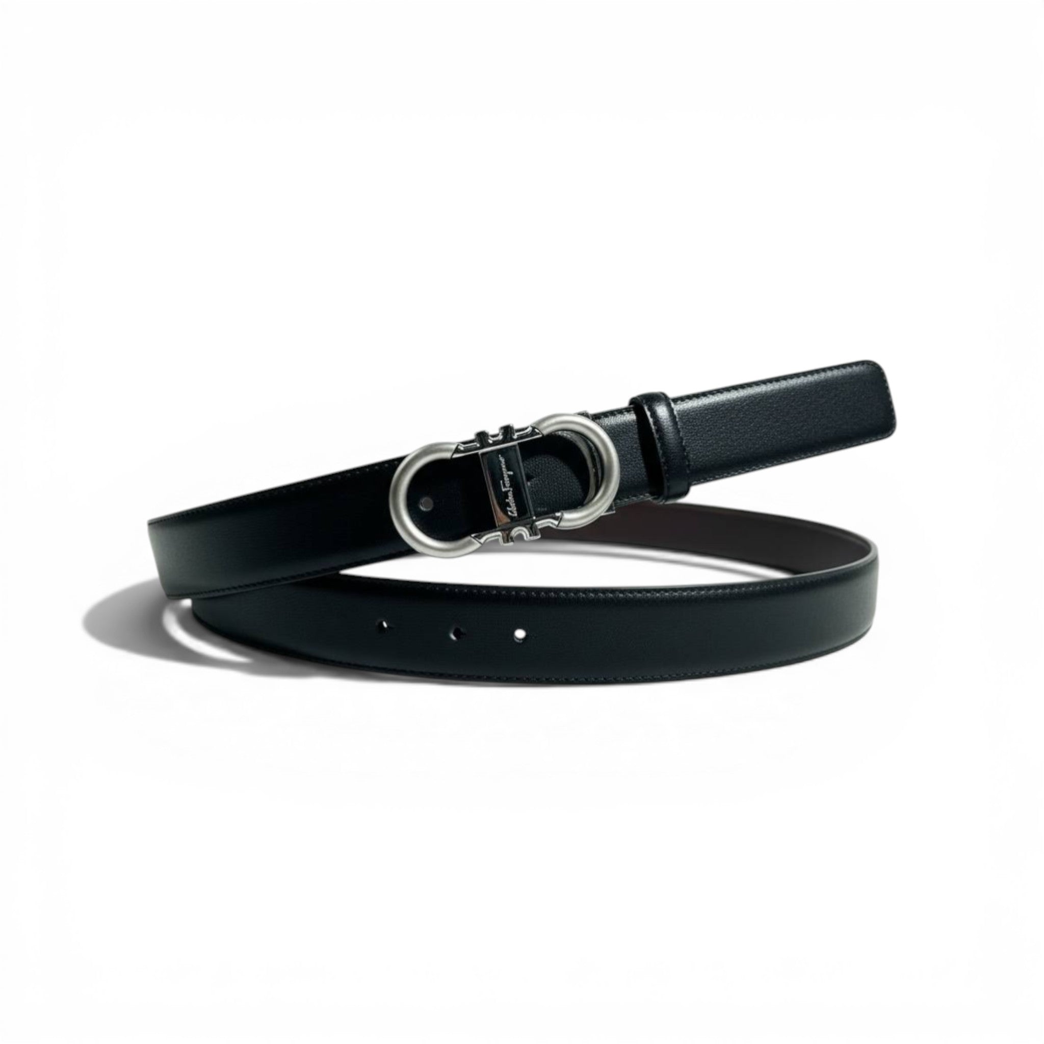 🖤✨ Salvatore Ferragamo Slim Gancini Belt – Silver Buckle | 130CM