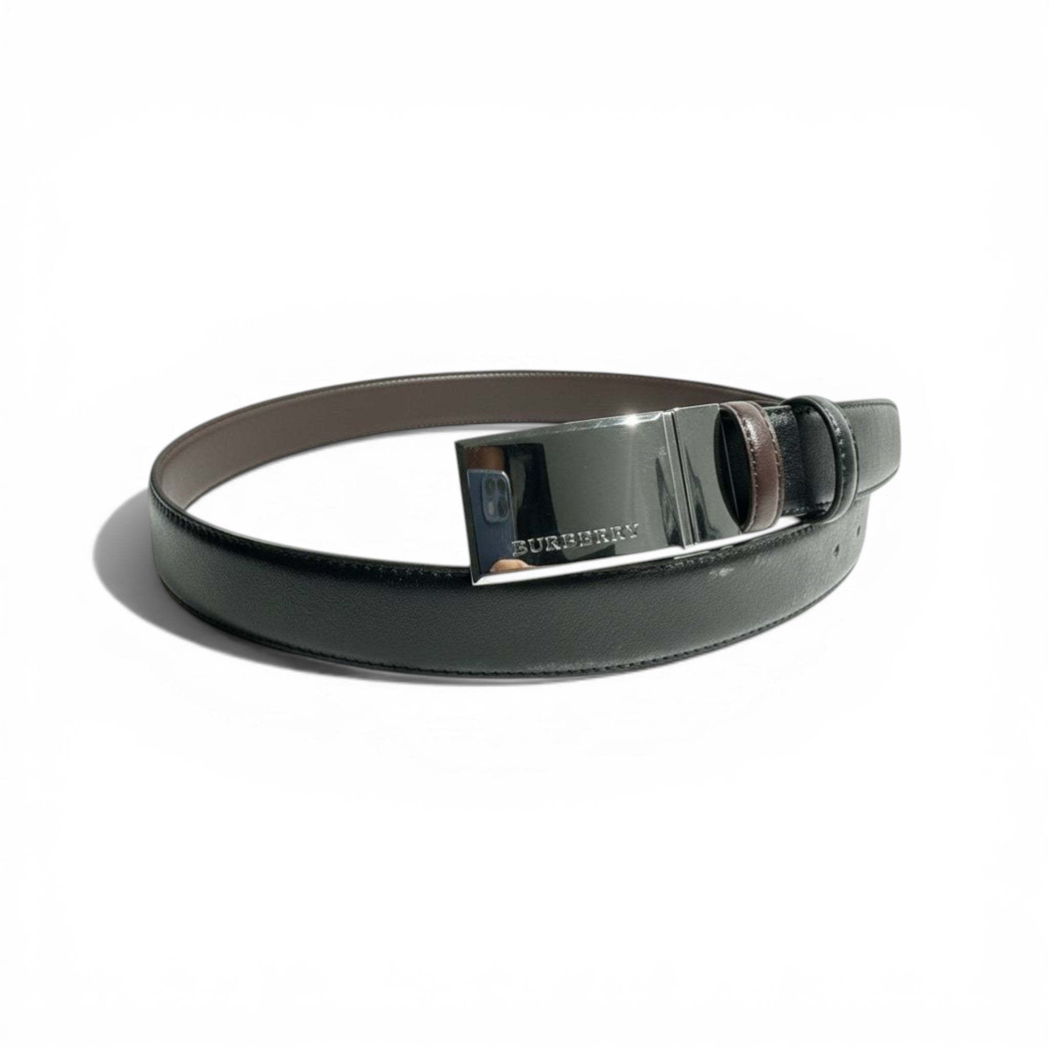 🖤✨ Burberry Classic Plaque Belt – Black Leather & Silver Buckle | 125CM