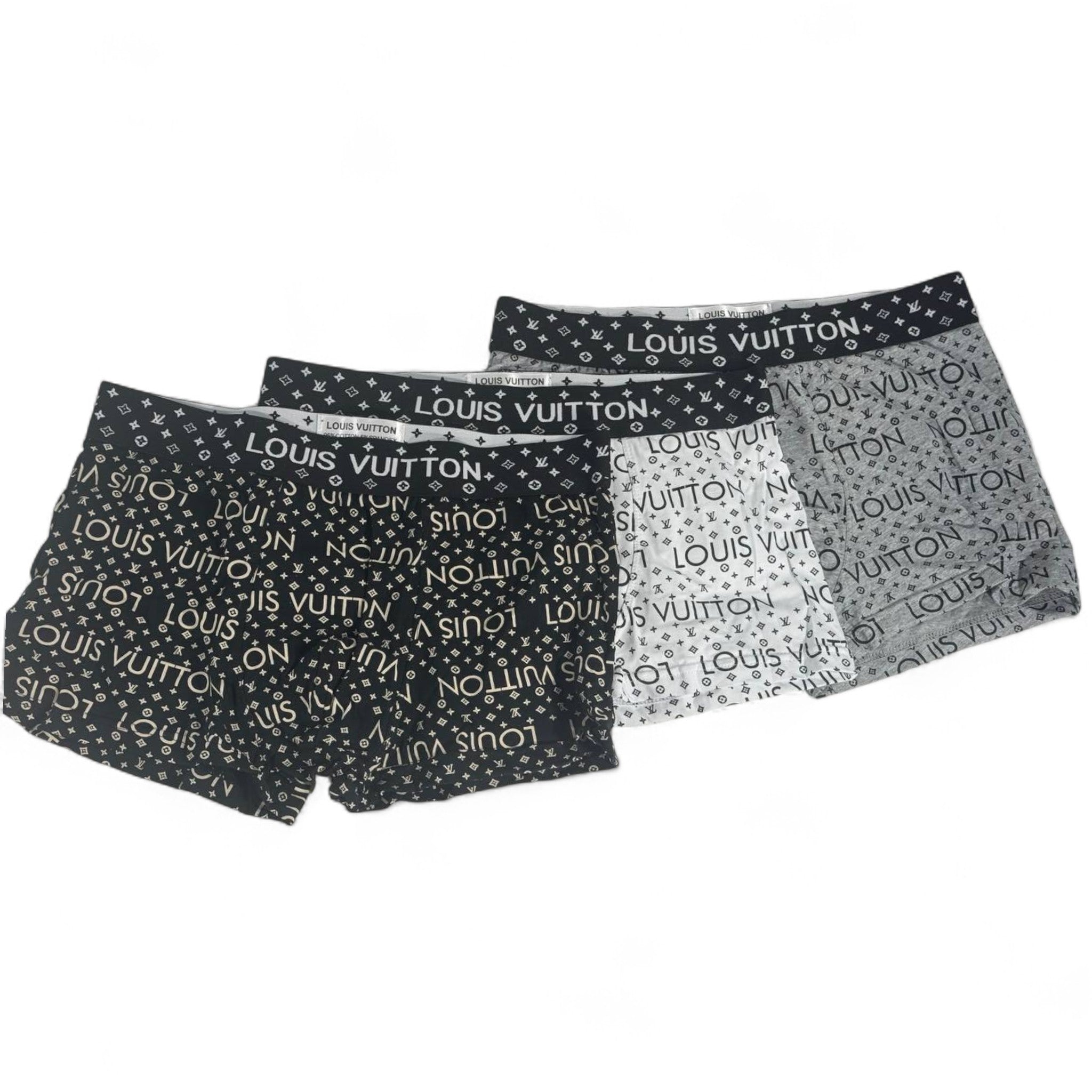 👕 Louis Vuitton Luxury Boxer Shorts – 3 Pack (Black, White & Grey)