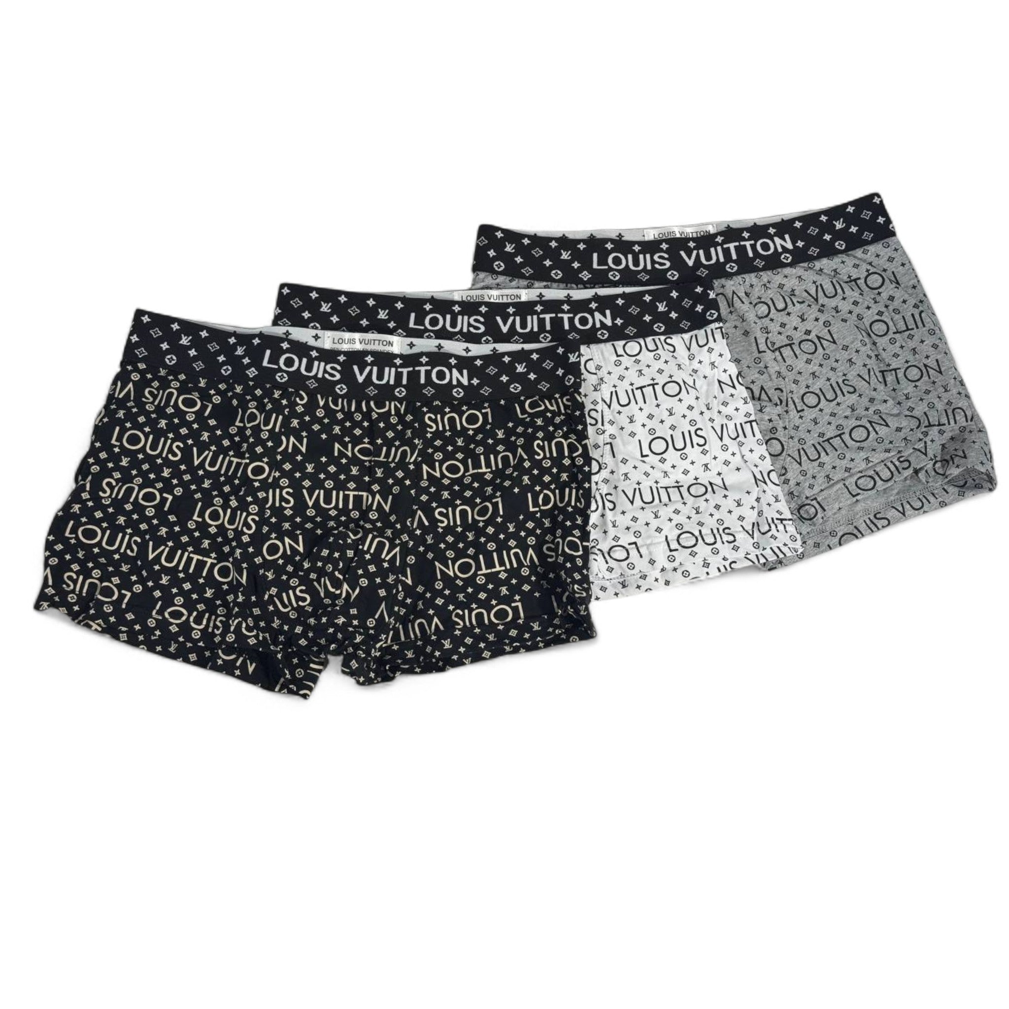 👕 Louis Vuitton Luxury Boxer Shorts – 3 Pack (Black, White & Grey)