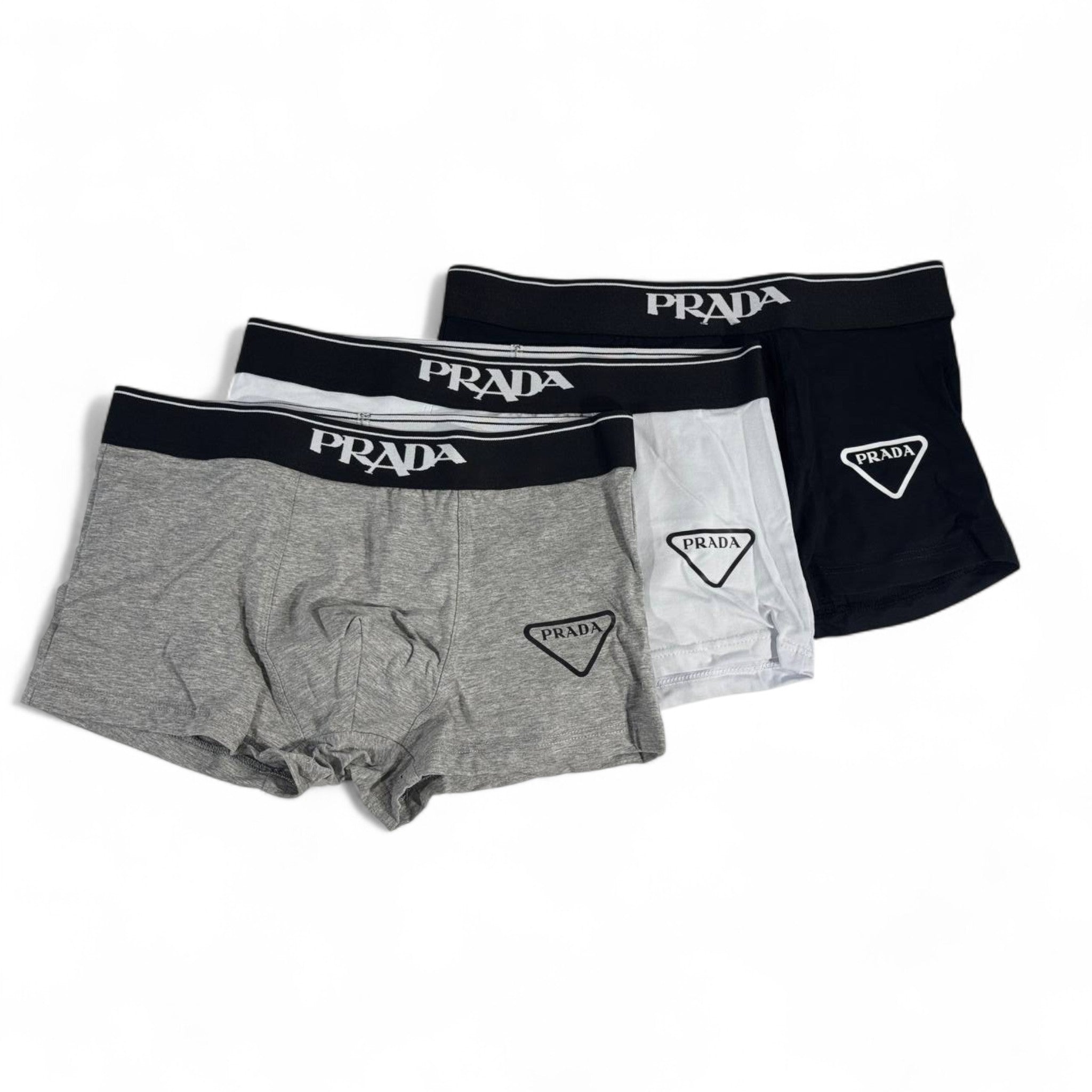 👕 Prada Essential Boxer Shorts – 3 Pack (Grey, White & Black)