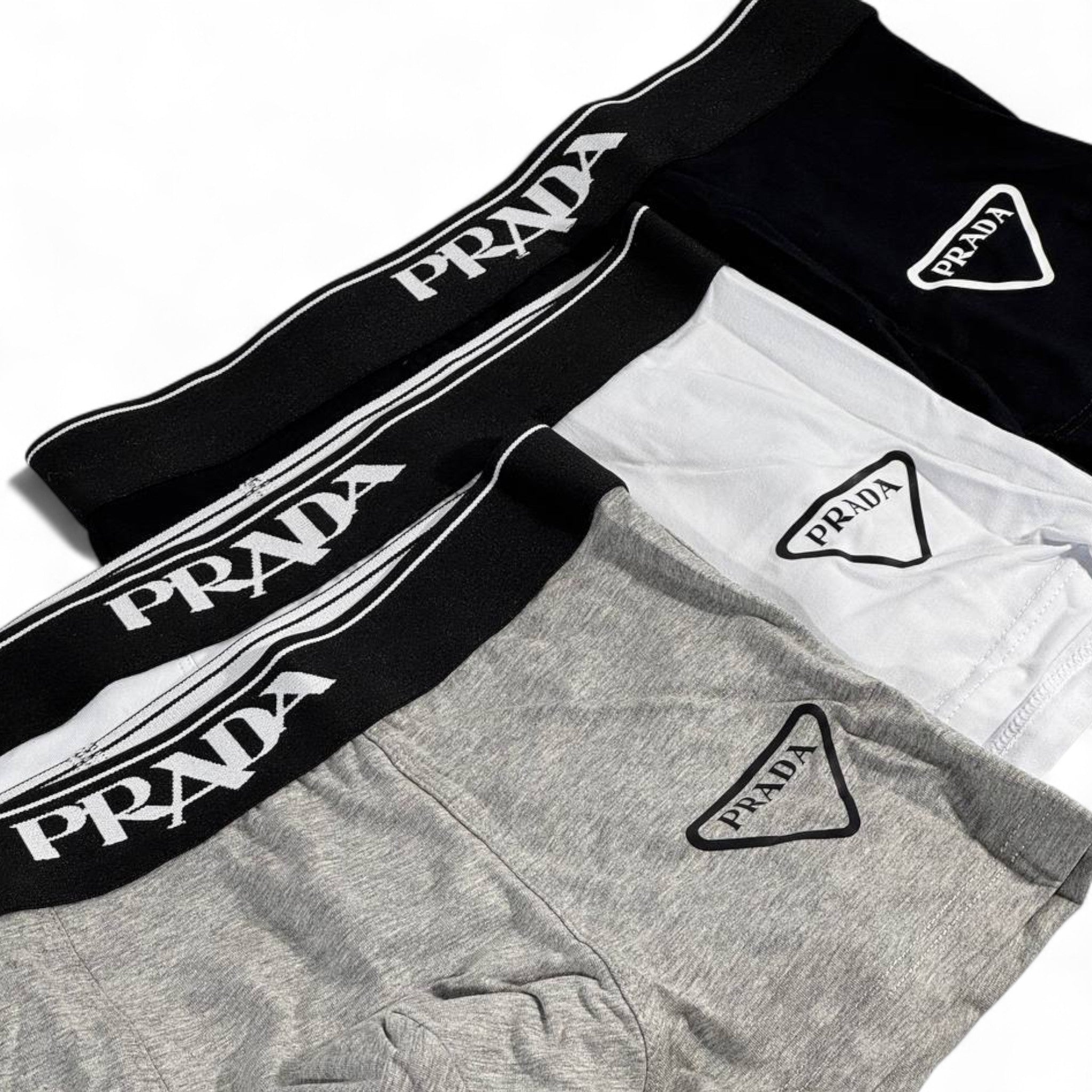 👕 Prada Essential Boxer Shorts – 3 Pack (Grey, White & Black)