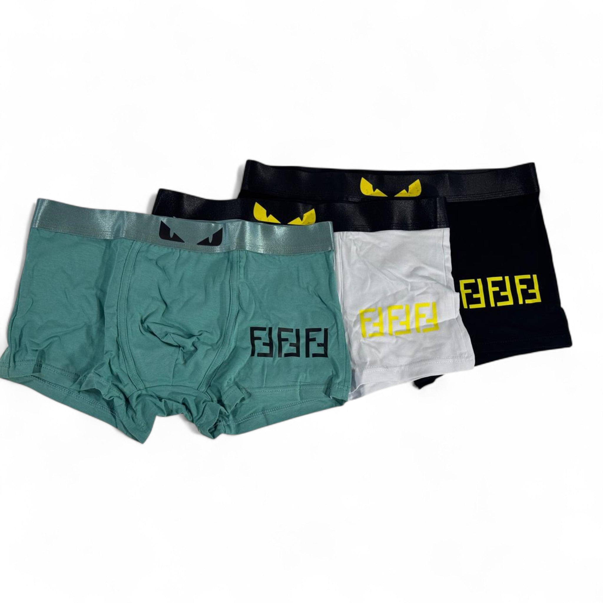 🩲 Fendi Monster Eyes Boxer Shorts – 3 Pack (Green, White & Black)
