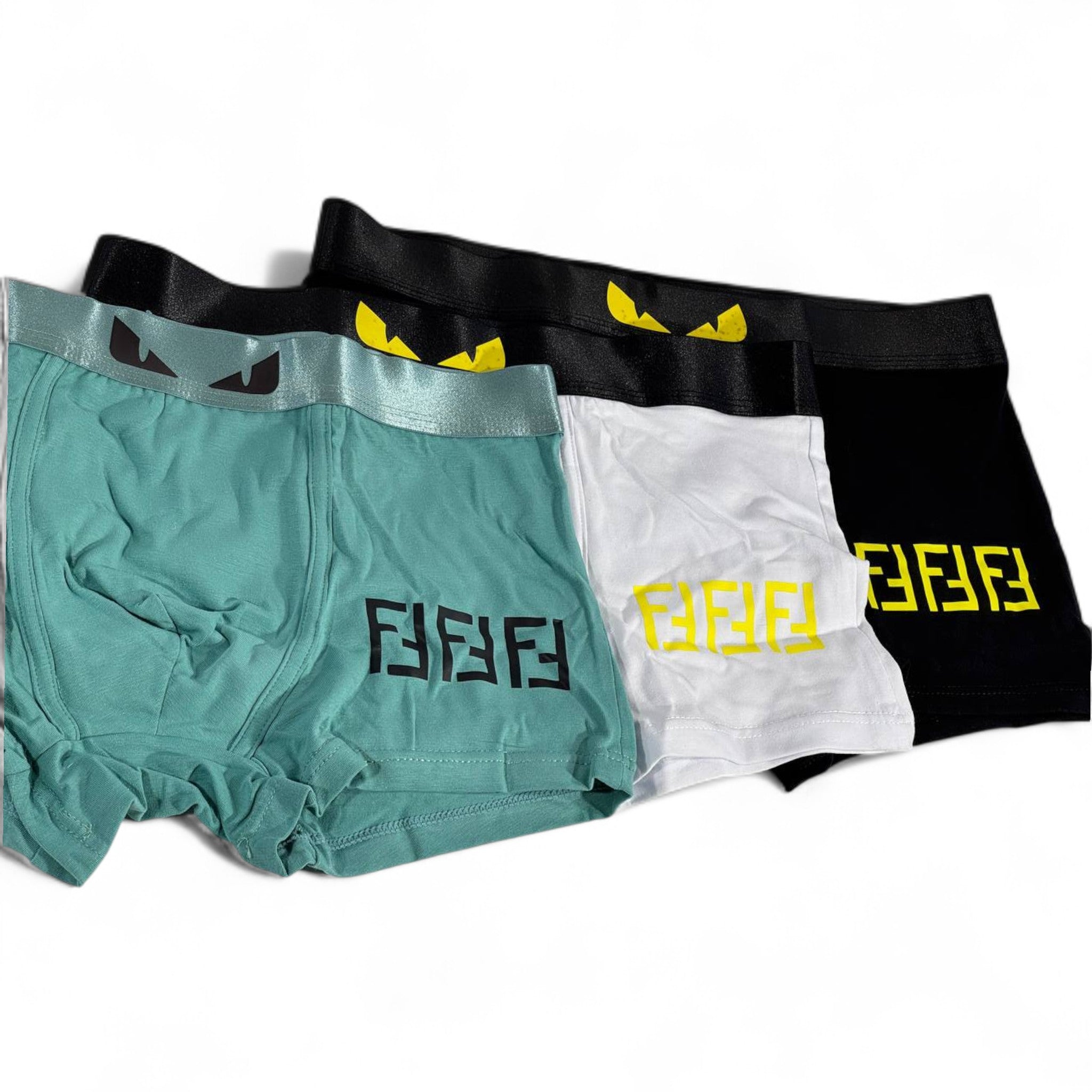 🩲 Fendi Monster Eyes Boxer Shorts – 3 Pack (Green, White & Black)