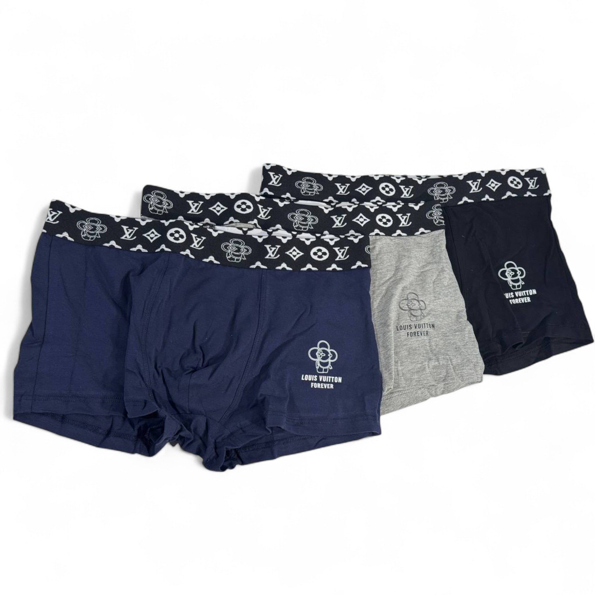 🩲 Louis Vuitton Forever Boxer Shorts – 3 Pack (Navy, Grey & Black)