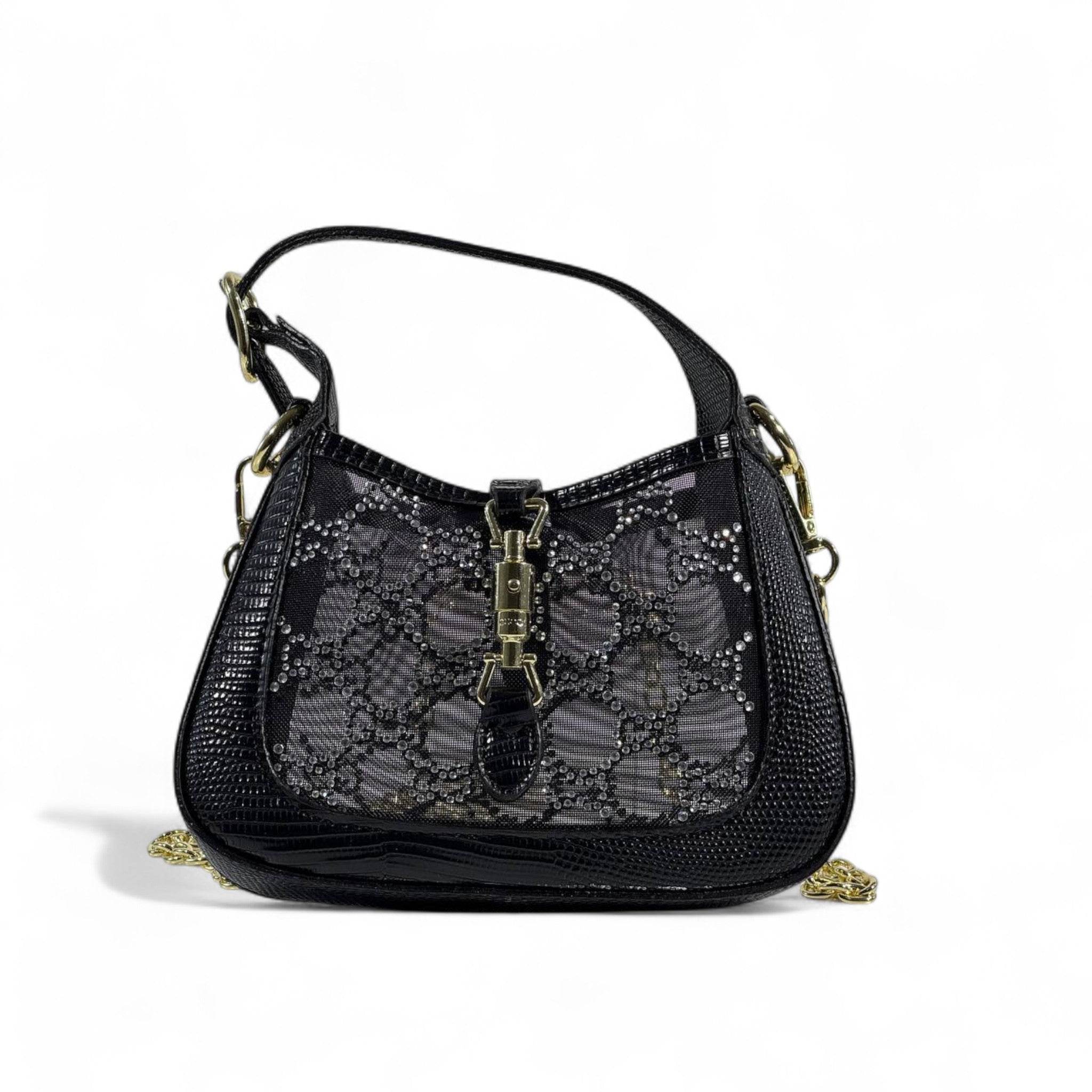 ✨ Gucci Black Crystal Horsebit Shoulder Bag – Sparkle in Style