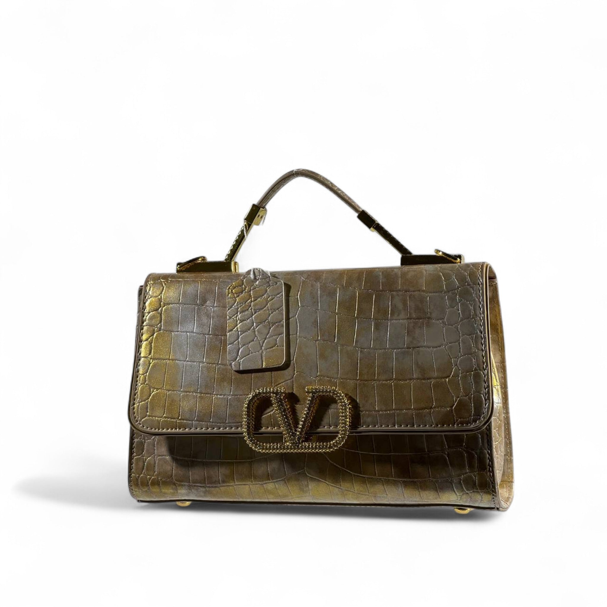 Valentino Garavani Croc-Embossed Golden Bronze VLogo Bag 🐊✨