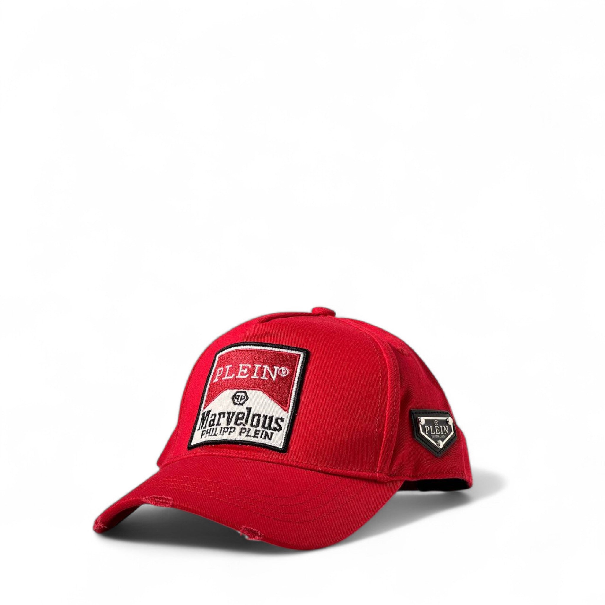 Philipp Plein Red Marvelous Cap ❤️🔥 | Distressed Cotton Hat with Logo Patch