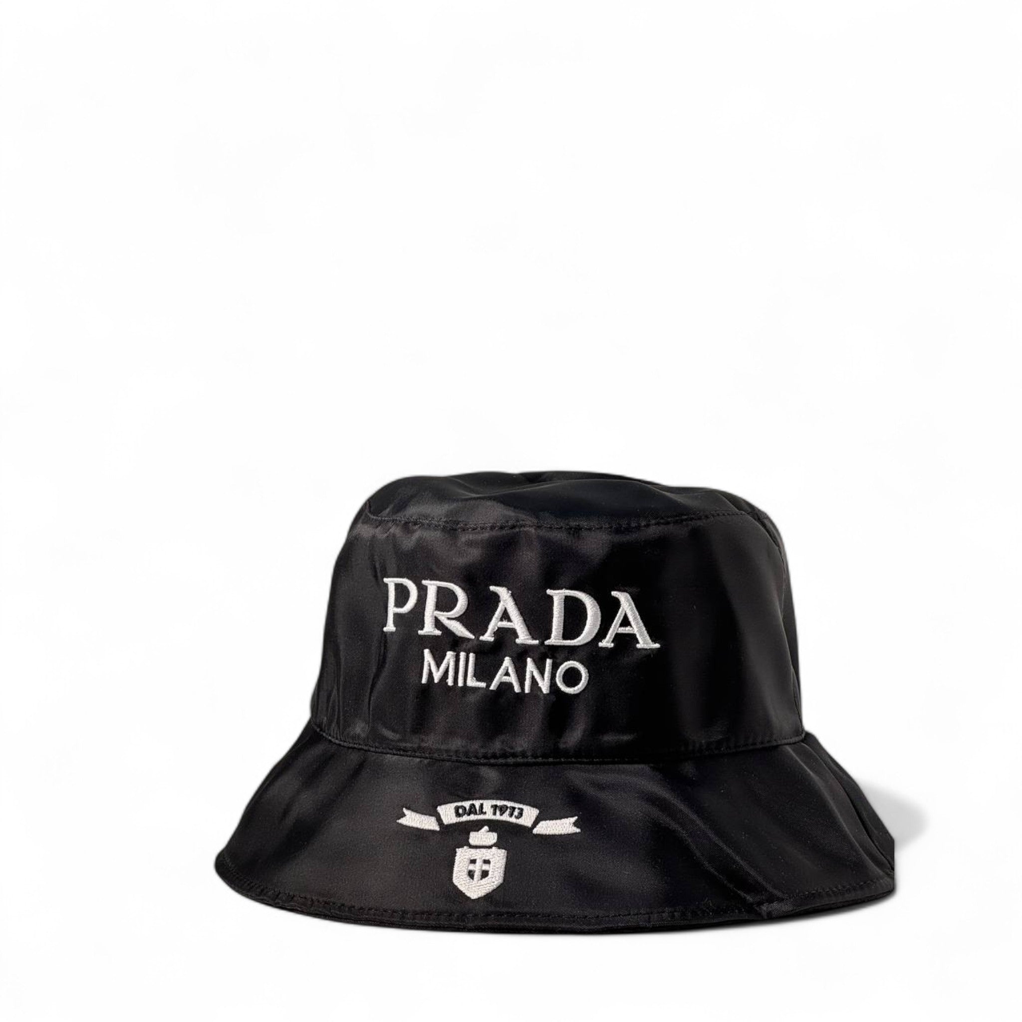 Prada Milano Bucket Hat 🖤 | Black Nylon Hat with White Embroidered Crest & Logo